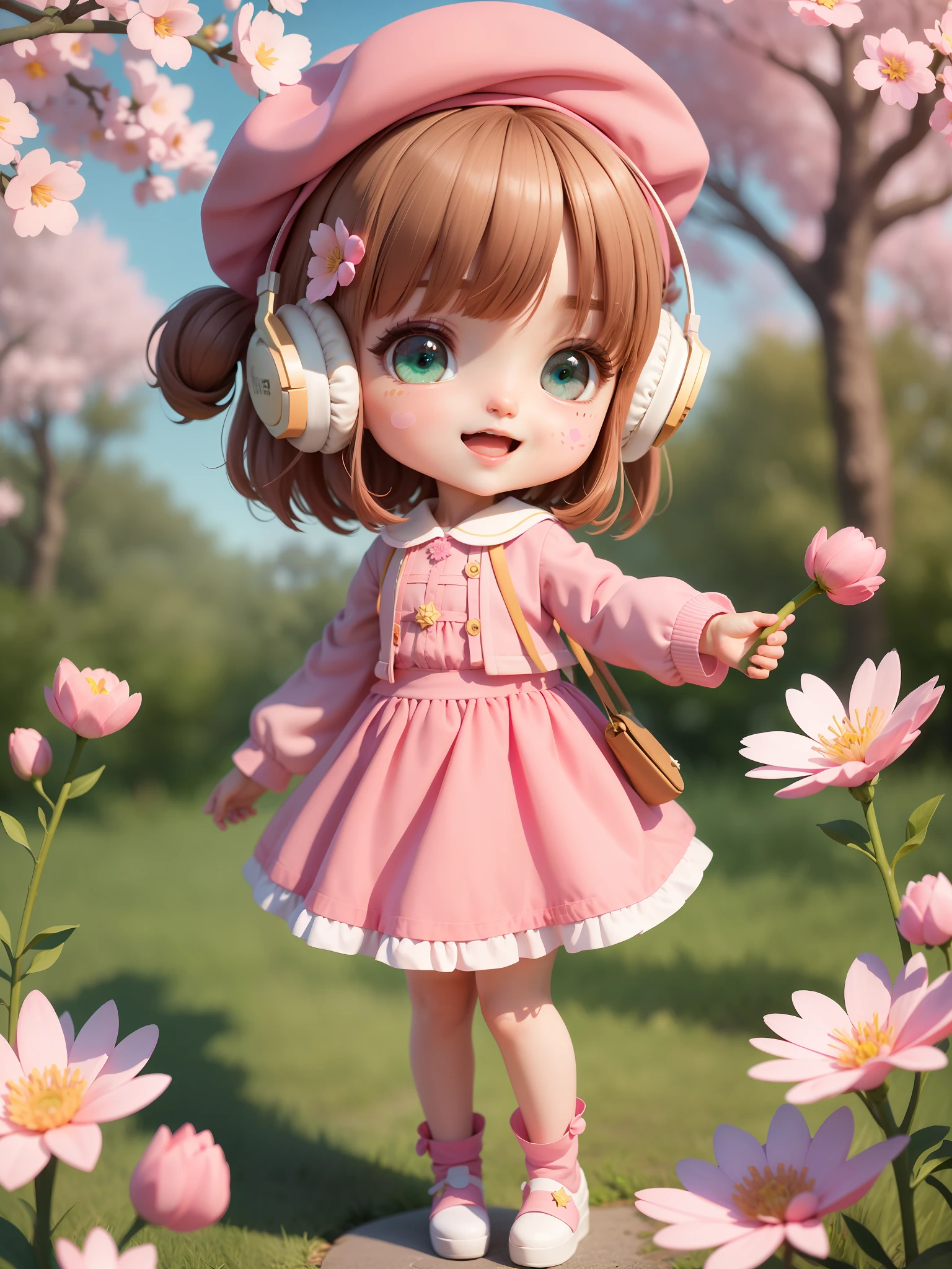 (masterpiece),(best quality),(ultra-detailed), (full body: 1.2), 1girl,chibi,cute, smile, open mouth, flower, outdoors, with a star staff, beret, holding star staff, pink jacket, blush, tree, :3, shirt, short hair, cherry blossoms, green headwear, blurry, brown hair, blush stickers, long sleeves, bangs, headphones, pink flower, (beautiful and detailed face), (beautiful detailed eyes),