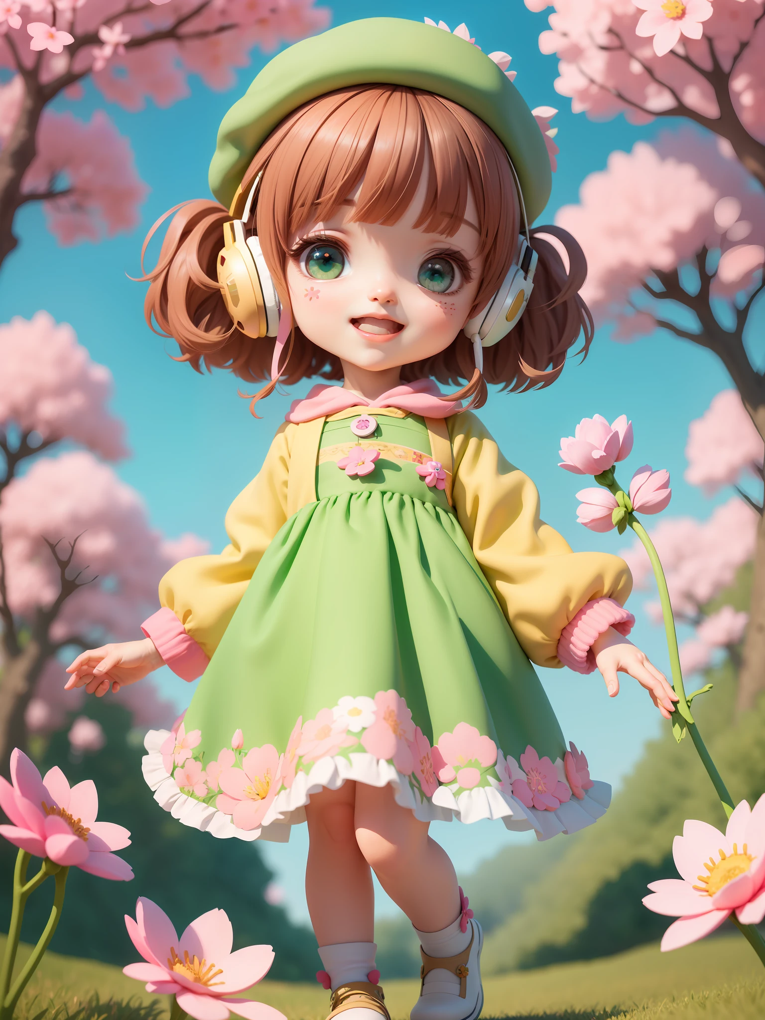 (masterpiece),(best quality),(ultra-detailed), (full body: 1.2), 1girl,chibi,cute, smile, open mouth, flower, outdoors, with a star staff, beret, holding star staff, pink jacket, blush, tree, :3, shirt, short hair, cherry blossoms, green headwear, blurry, brown hair, blush stickers, long sleeves, bangs, headphones, pink flower, (beautiful and detailed face), (beautiful detailed eyes),