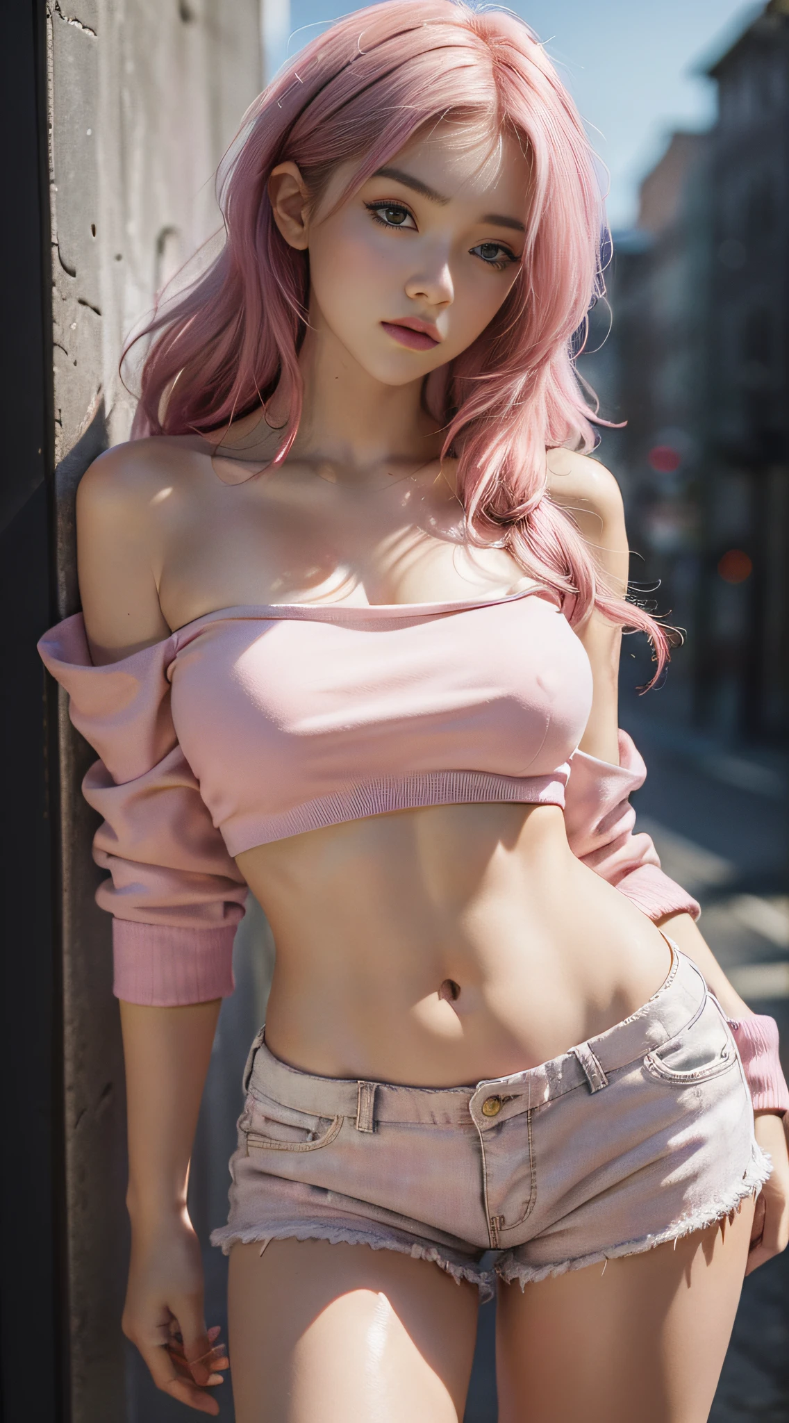 best quality, masterpiece, super high resolution, super model, shoulder bust portrait photo, pink crop top hoodie, pink bandeau, big bust, shorts, full body photo, dynamic fashion pose, (realism: 1.8), original photo, 1girl, bare shoulders, in the dark, deep shadow, understated, cold light