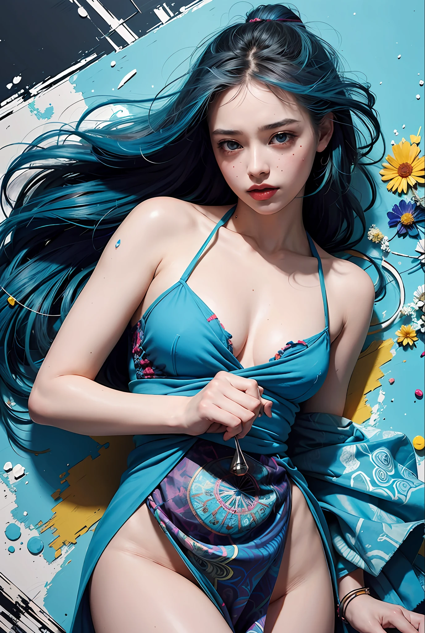 a woman with blue hair wearing a colorful outfit and a colorful background with paint splatters on it, by Hirohiko Araki,official art, unity 8k wallpaper, ultra detailed, beautiful and aesthetic, masterpiece, best quality, (zentangle, mandala, tangle, entangle), 1girl, extremely detailed, dynamic angle, cowboyshot, the most beautiful form of chaos, elegant, a brutalist designed, vivid colours, romanticism, by james jean, roby dwi antono, ross tran, francis bacon, michal mraz, adrian ghenie, petra cortright, gerhard richter, takato yamamoto, ashley wood, atmospheric, ecstasy of musical notes, streaming musical notes visible