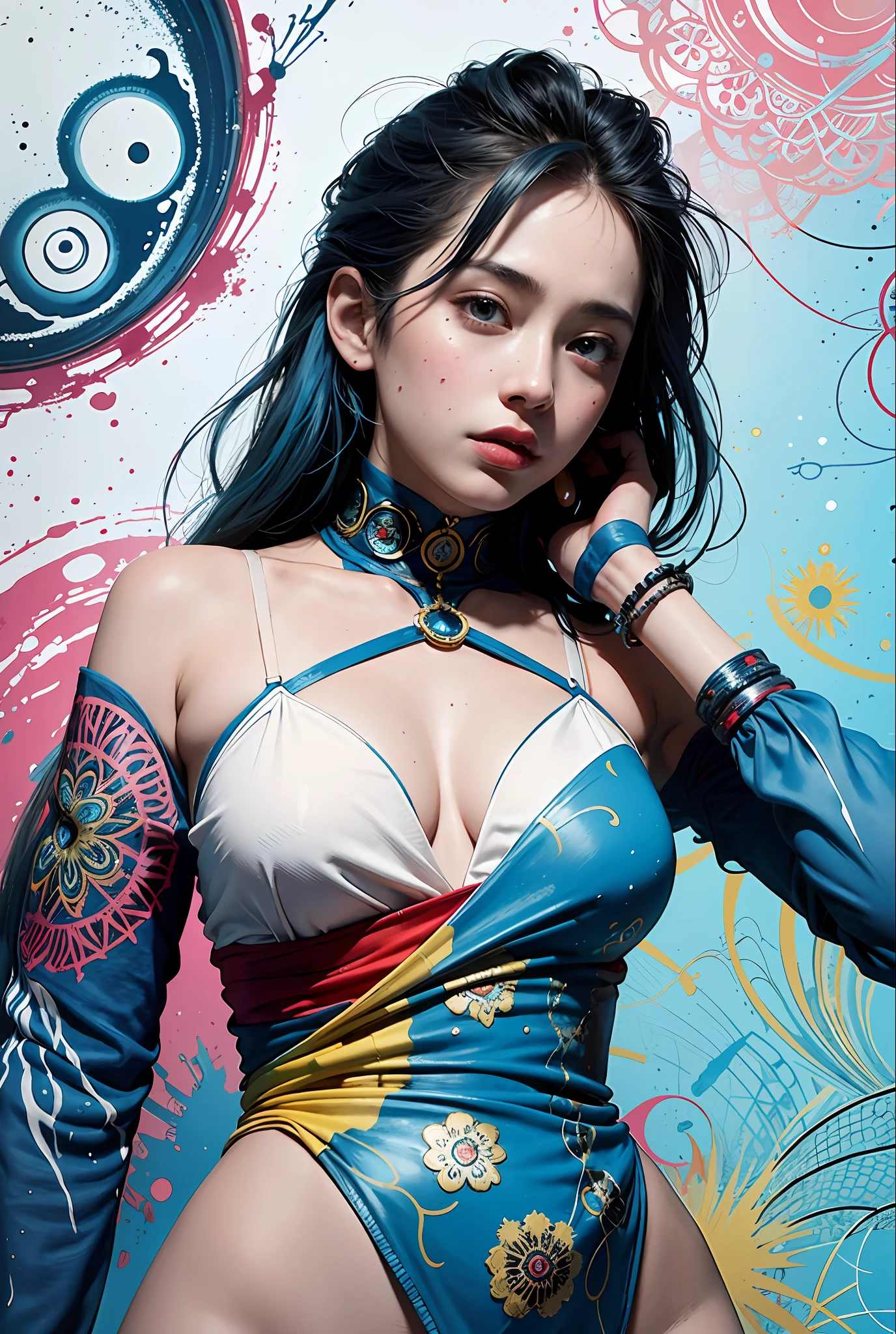 a woman with blue hair wearing a colorful outfit and a colorful background with paint splatters on it, by Hirohiko Araki,official art, unity 8k wallpaper, ultra detailed, beautiful and aesthetic, masterpiece, best quality, (zentangle, mandala, tangle, entangle), 1girl, extremely detailed, dynamic angle, cowboyshot, the most beautiful form of chaos, elegant, a brutalist designed, vivid colours, romanticism, by james jean, roby dwi antono, ross tran, francis bacon, michal mraz, adrian ghenie, petra cortright, gerhard richter, takato yamamoto, ashley wood, atmospheric, ecstasy of musical notes, streaming musical notes visible