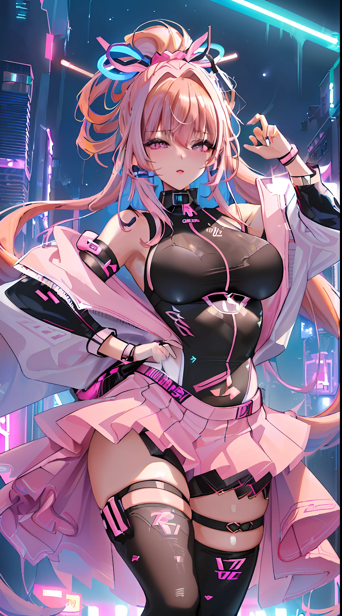 "(ultra-detailed CG illustration), best quality, masterpiece, dreamlike, beautiful, neo city vibe, neon lights, night, high saturation, (1 girl with pink hair:1.3), (dancing:1.1), (K-pop:1.1) stylish, sexy, (sfw, appropriate for all ages), (Nicole Demara (zzz): 1.2)."