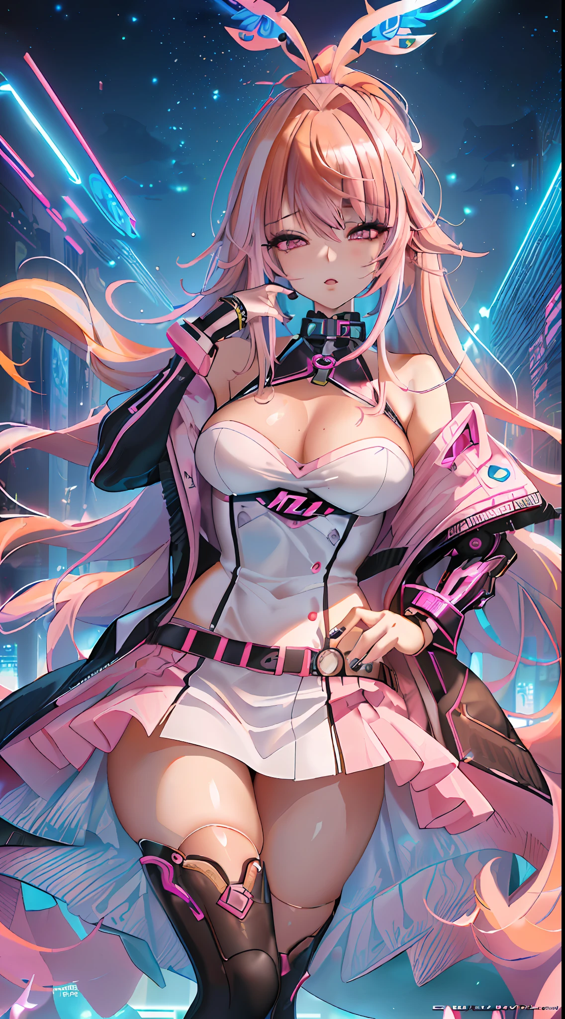 "(ultra-detailed CG illustration), best quality, masterpiece, dreamlike, beautiful, neo city vibe, neon lights, night, high saturation, (1 girl with pink hair:1.3), (dancing:1.1), (K-pop:1.1) stylish, sexy, (sfw, appropriate for all ages), (Nicole Demara (zzz): 1.2)."