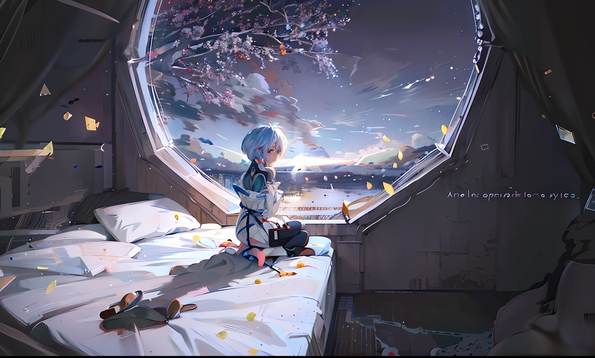 anime girl sitting on a bed looking out of a window, 4k anime wallpaper, looking out into space, anime art wallpaper 4k, anime art wallpaper 4 k, tranquility of the endless stars, makoto shinkai cyril rolando, anime art wallpaper 8 k, best anime 4k konachan wallpaper, by Yuumei, beautiful anime artwork