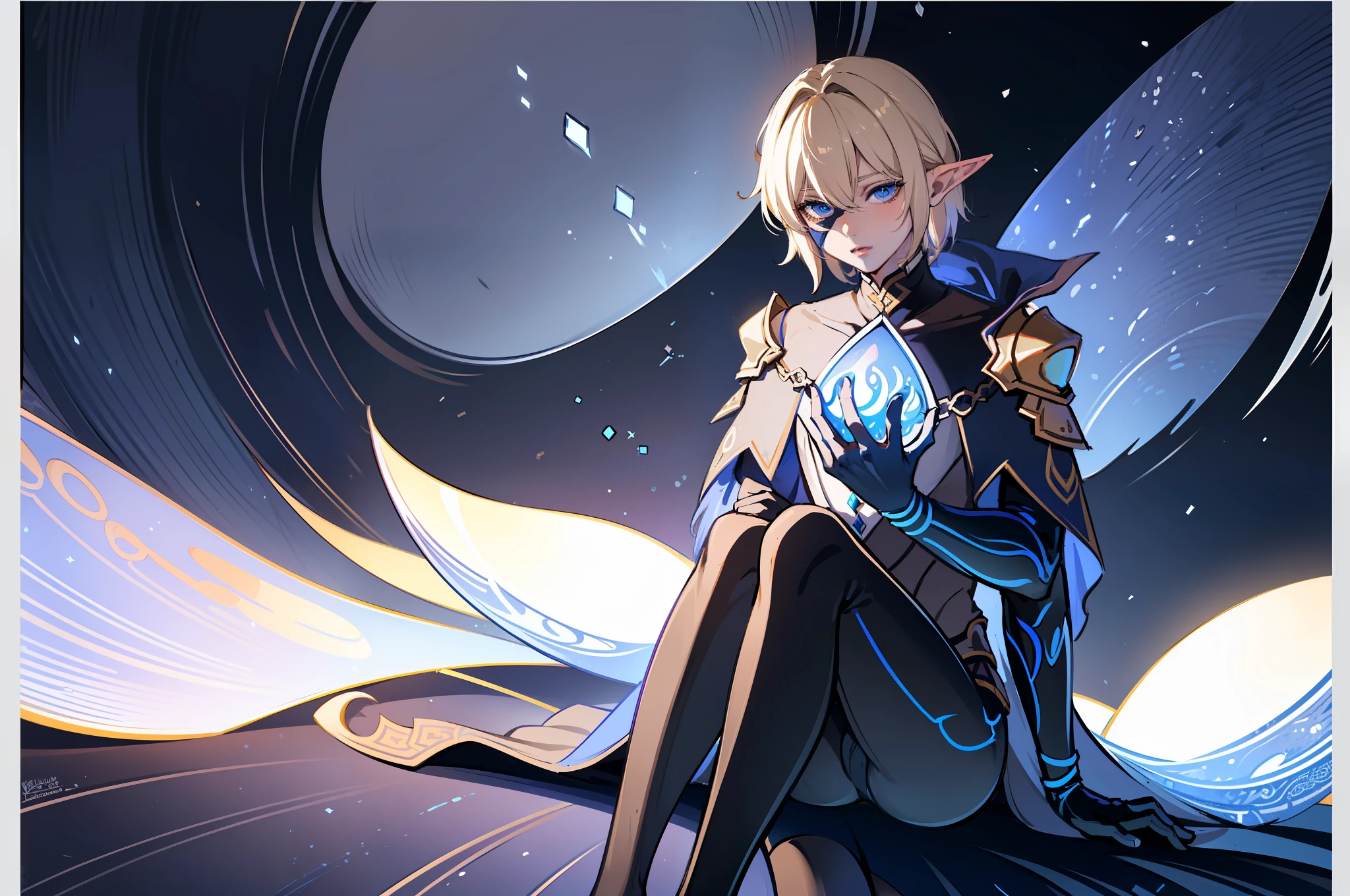 1 boy, 17 years old, tall, medium blonde hair, pale skin, completely blue eyes, ears like elves, glowing white tattoos all over, black and blue royal costume, sitting on a cloud, looking at the earth on the shoulder, sky in the background, detailed face, detailed hands, detailed legs, detailed fingers, detailed hair, detailed eyes, detailed skin, dynamic lighting, 8K UHD, (super realistic), (photo realistic), (masterpiece), (best quality), (Male focus: 1.5) (NSFW: 1.0), correct limbs, femboy, (ahegao: 1.3), legs apart, legs raised, mask