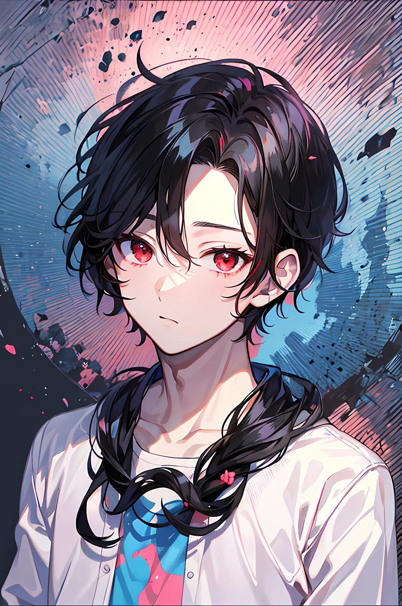 origin ,1 boy, handsome boy, black hair, comma hair, forehead comma hair, korean hair, Red eyes, pink and blue splash, looking at viewer, upper body