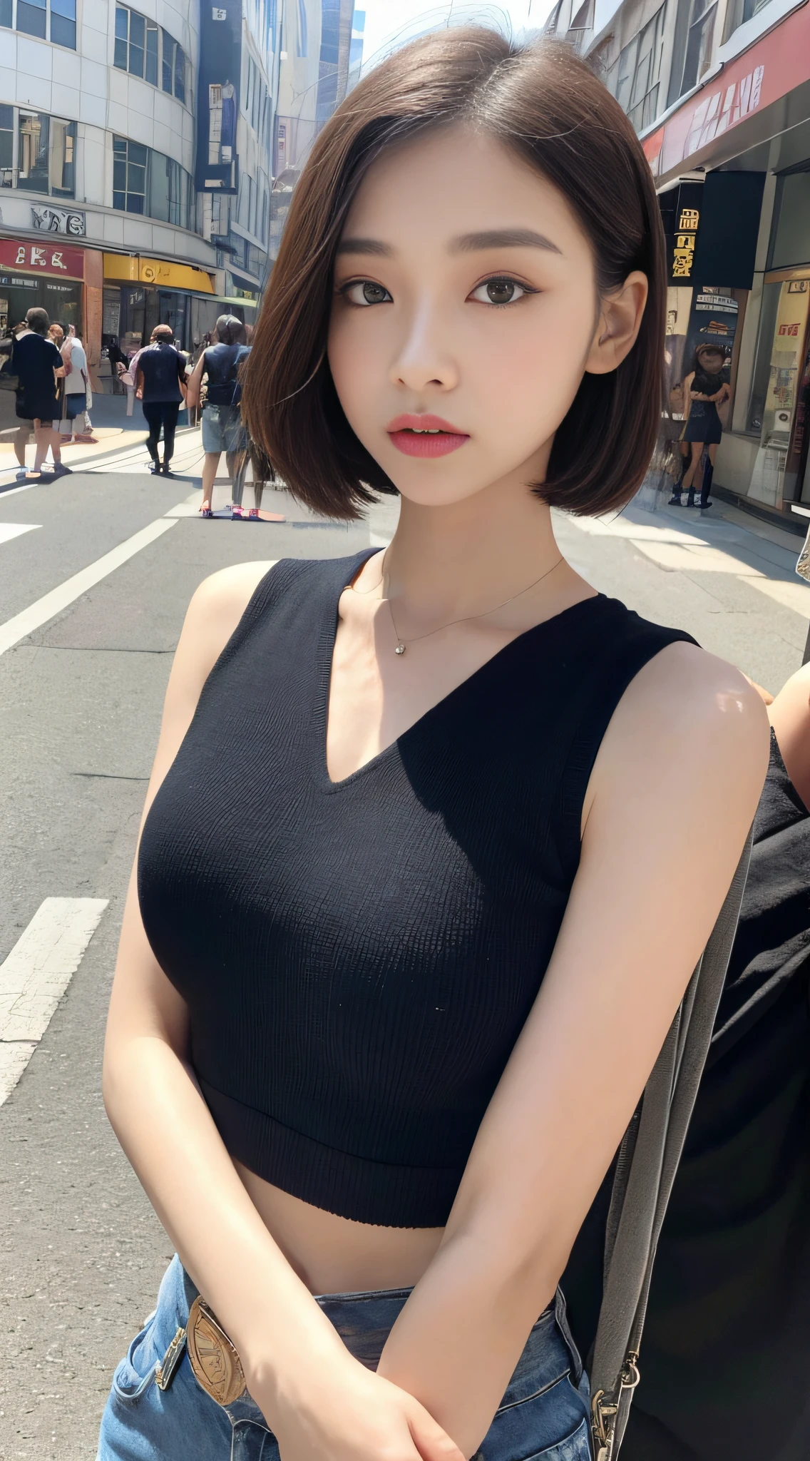 (Top Quality, 16K, Masterpiece: 1.3)), 1 Girl, Sharp Focus: 1.2, Beautiful Woman with Perfect Figure: 1.4, Slender Abs: 1.2, ((Short Bob Hair)), (No Leaky Big Breasts: 1.2), ((Beautiful Face Idol: 1.3)), ((Pink Sleeveless 1.5)), Highly Detailed Face and Skin Texture, Detailed Eyes, Double Eyelids, (((Suspend)), (Seductive)), Pedestrian Street, Modern Urban Architecture