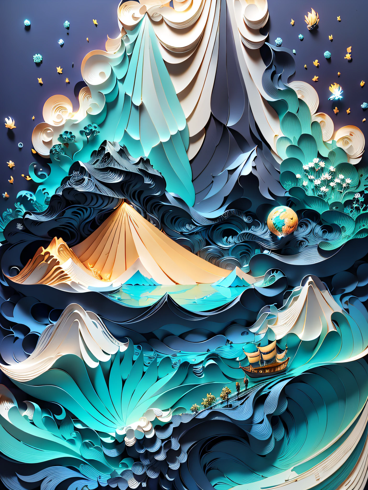 Paper cutting of mountain scenes with rivers and boats and houses, detailed paintings inspired by Hiroshige Utagawa II, polygon trends, digital art, layered paper art, paper art, original and creative landscapes, paper modeling art, complex 3D illustrations, landscape art detailed, great digital art with details, Shoribayashi style artwork ((((masterpiece)), best quality, illustration, earth, water, fire, wind, space, paper_cut,