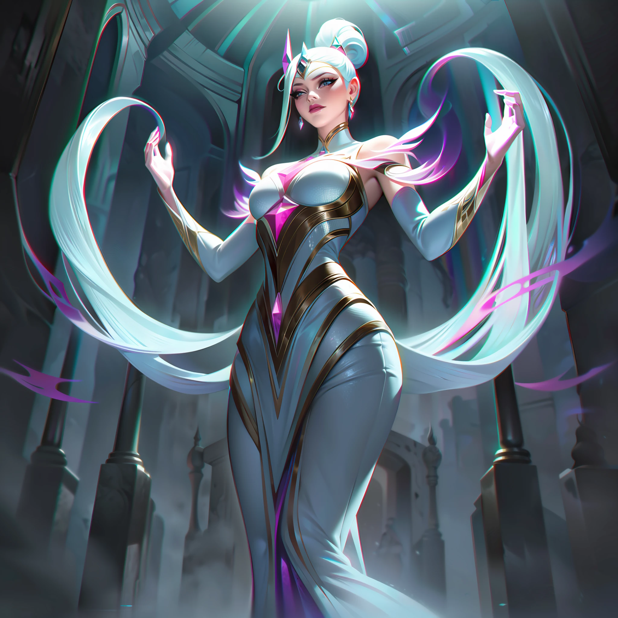 Selena, the Guardian of Essence, is depicted in her splashart amidst an ethereal and magical landscape, which reflects her ability to manipulate pale mythical energy. The scene takes place in an ancient sanctuary, surrounded by imposing pillars and marked by arcane symbols that glow softly.

Selena possesses a graceful and mysterious appearance. Her long, pale hair flows in wavy locks, radiating a soft sheen. Her skin is pale, almost translucent, and emits an ethereal glow. She is dressed in an intricate costume, with details reminiscent of the constellations and arcane symbols. The fabric seems to blend in with the pale mythical energy she controls, creating an effect of shimmering luminosity.

Selena's ability to design a mana drainage field is represented in the splashart. She raises her hands, and from the palm of her hands emanates a bright, pale energy, forming a field that surrounds and distorts the environment around her. In this field, it is possible to see magical energy being sucked from nearby creatures, weakening them. The drained energy condenses into floating spheres of light, which revolve around Selena.

His eyes sparkle with a silvery hue, conveying his power and wisdom. His expression is serene, but carries a concentrated intensity, demonstrating his precise control over the mythical energy.

In the background of the splashart, one can see elements of the magical world in which Selena resides. Ethereal spirits and mythical creatures wander around the sanctuary, attracted by the aura of power it emanates.

The color palette is composed of soft shades of pale blue, silver and white, representing the mythical energy that Selena manipulates. Subtle touches of violet and pink add a magical and mysterious glow to splashart, splashart, body lines, vibrant colors, exquisite details, cinematic, artstation, detailed face, by rossdraws, by Kienan Lafferty