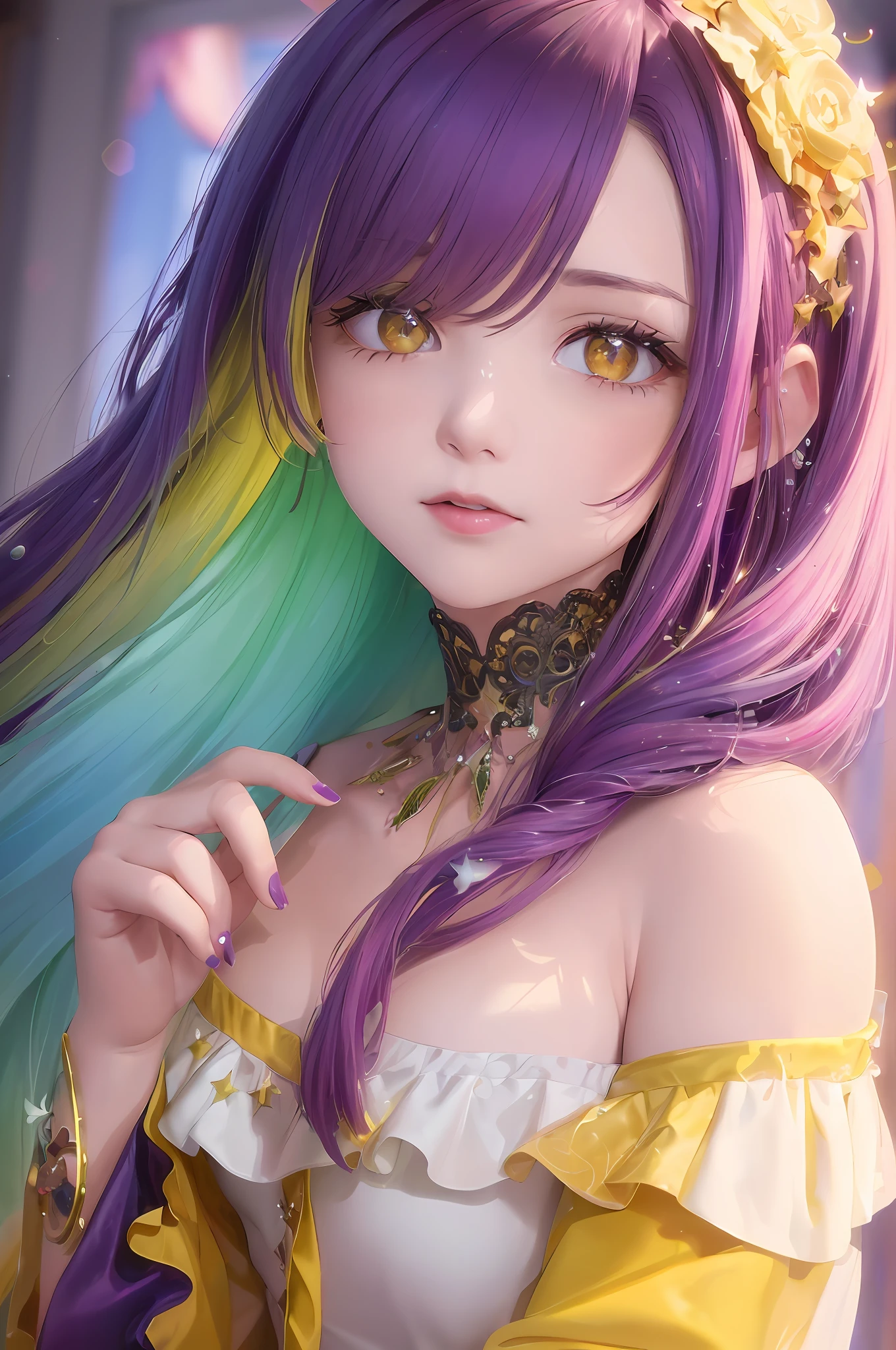 (Highly detailed CG Unity 8k wallpaper, masterpiece, top quality, super detail), (very delicate and beautiful), (dynamic angle, portrait), (multicolored_hair + purple hair + green hair + yellow hair + red hair: 1.2), (away from shoulders), beautiful face, ((Perfect Hoshino Love Face)))), glowing skin (((star-shaped pupil))), depth of field, rich green, sparkling water droplets, Bright colors.