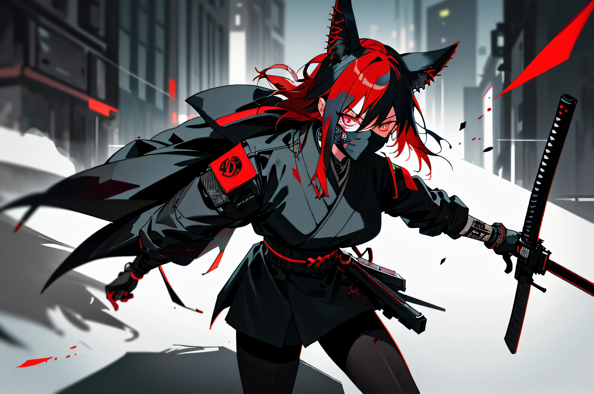((Masterpiece, super detailed, intricate details, best quality)), cyberpunk night city, modern dark cyberpunk cars, night street, night light, night light, cyberpunk japanese ninja girl wearing cyberpunk dark tech gear, white katana behind boy, cyberpunk eyes, neon lights, walking on dark streets, after completing tasks, blood stains on clothes, blood stains on katanas, no smile, cold face, cyberpunk ninja mask, strong dark colors, cold contrast, contrasting shadows, night stalker, Dead Inside, Black Red Squad, 1Girls, Black Pantyhose, White Pantyhose, Boy's Cyberpunk Armor, Money, Scary Mask, Animal Ears, White Hair, Red Hair, Black Hair, Mid-Chested, Small-Breasted, Knives, Cyberpunk Guns, Explicit Girl Outfit, Scary Background, Post-Apocalypse Cyberpunk,