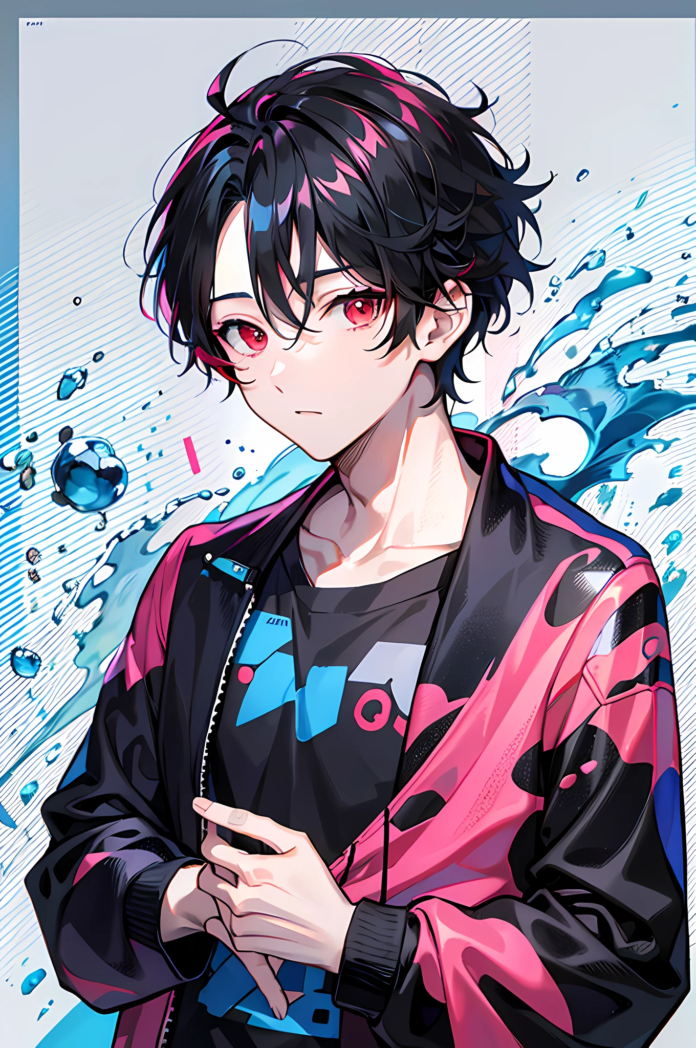 origin ,1 boy, handsome boy, black hair, comma hair, forehead comma hair, korean hair, Red eyes, pink and blue splash, looking at viewer, upper body