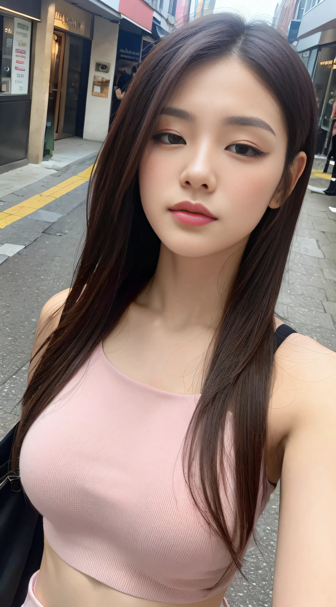 (Top Quality, 16k, Masterpiece: 1.3)), 1 Girl, Sharp Focus: 1.2, Beauty with Perfect Figure: 1.4, Slender Abs: 1.2, ((Long Bob Hair)), (No Big Breasts: 1.2), ((Beautiful Face Idol: 1.3)), ((Pink Sleeveless 1.5)), Highly Detailed Face and Skin Texture, Detailed Eyes, Double Eyelids, (((Suspended)), (Seductive), Pedestrian Street, Modern Urban Architecture