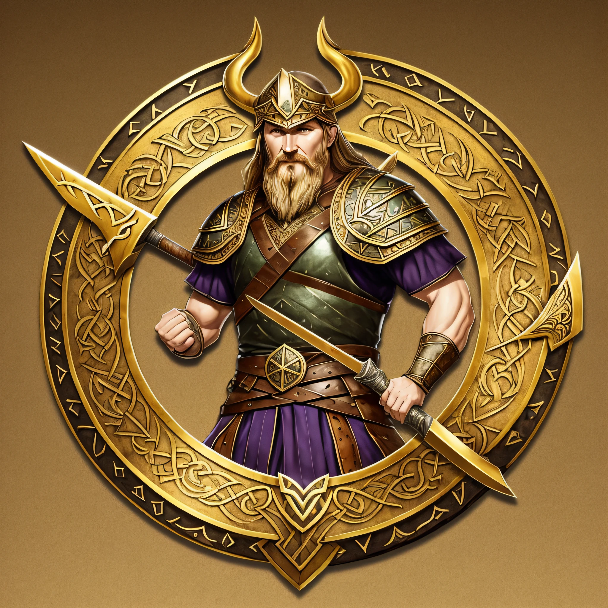 "I would like to create a logo for my group VIKINGS with the letter "V", with a larger sword and shield in the background with size proportional to the letter, the name of the group is "VIKINGS" and can be used in the logo, golden tones, fire effect, brightness." --auto --s2
