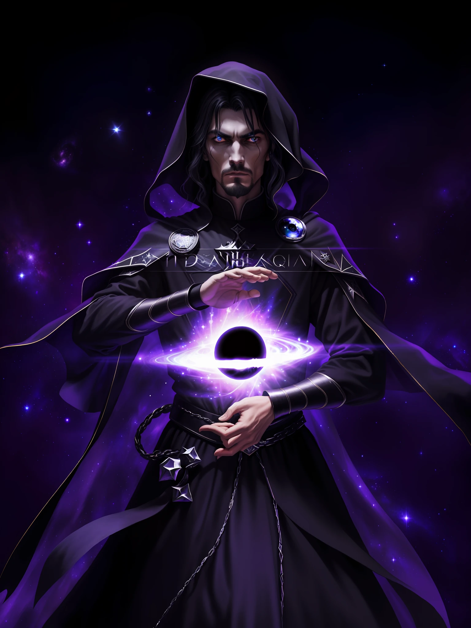 high quality image of a man in black armor holding a, black hole, emperor of the known universe, profile picture 1024px, , esoteric, wizard the Ascension, galactic deity, mystical eye, (masterpiece, best quality, high resolution, dark atmosphere, dramatic pose, dynamic camera angle, intense shadow and light, gothic style, medieval fantasy)