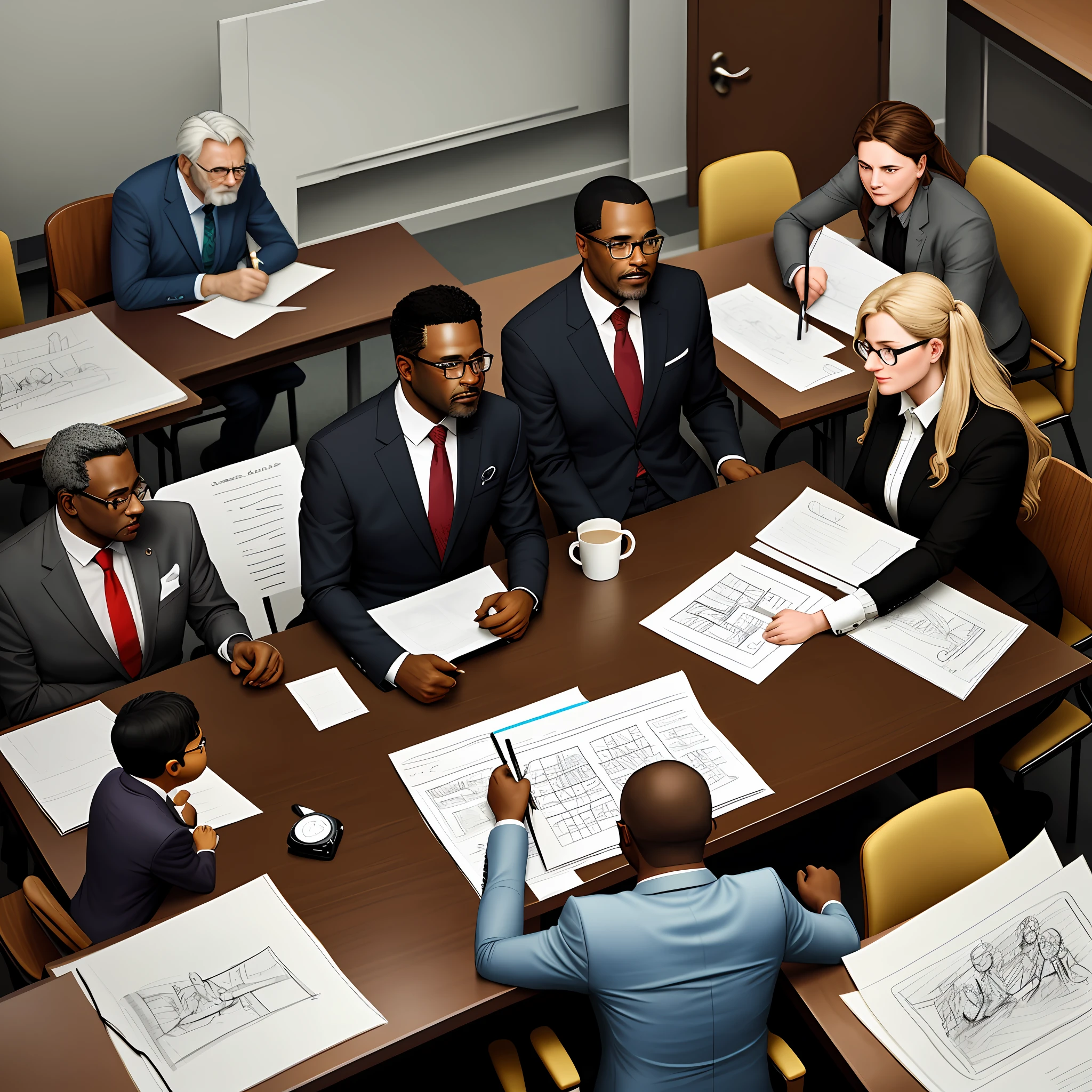 Several people gathered in a room around a table, an average aged 43 black man in dress and wearing glasses leading the meeting, papers demonstrating drawings and graphics, realistic drawing, tvs on the walls demonstrating graphics, demonstrate stock environment