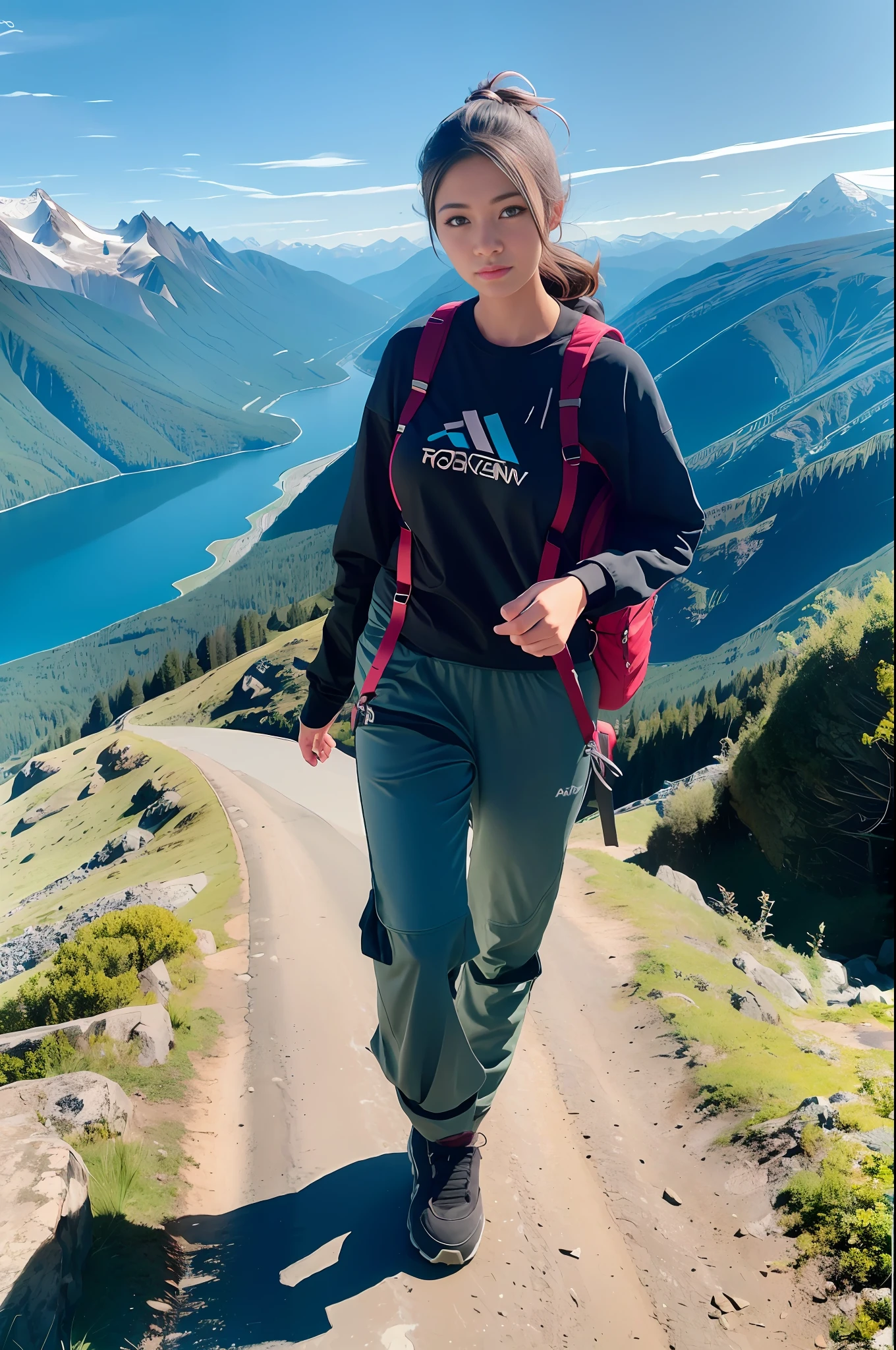 (masterpiece, top quality, 8K wallpaper, high resolution, ultra-realistic), 1girl, solo, full body composition from afar, slender figure: 1.1, beauty, beautiful face, beautiful eyes, detailed face, detailed eyes, detailed nose, detailed mouth, short hair, black eyes, carrying a big backpack, mountain girl style, backpacker, mountaineer, mountain view from the top of the mountain, walking on the mountain trail, Jacket on outerwear, oversized t-shirt, long pants, climbing, trekking boots, natural landscape photo;mountain climbing;spectacular summer mountain view with rugged mountain range in the distance, great contrast of blue sky and white clouds. Camera = "Sony a7 IV";Lens="Tamron 28-200mm f/2.8-5.6 Di III RXD";" Aperture = f/6.3";" Shutter speed = 1/1600 sec";" ISO=100";