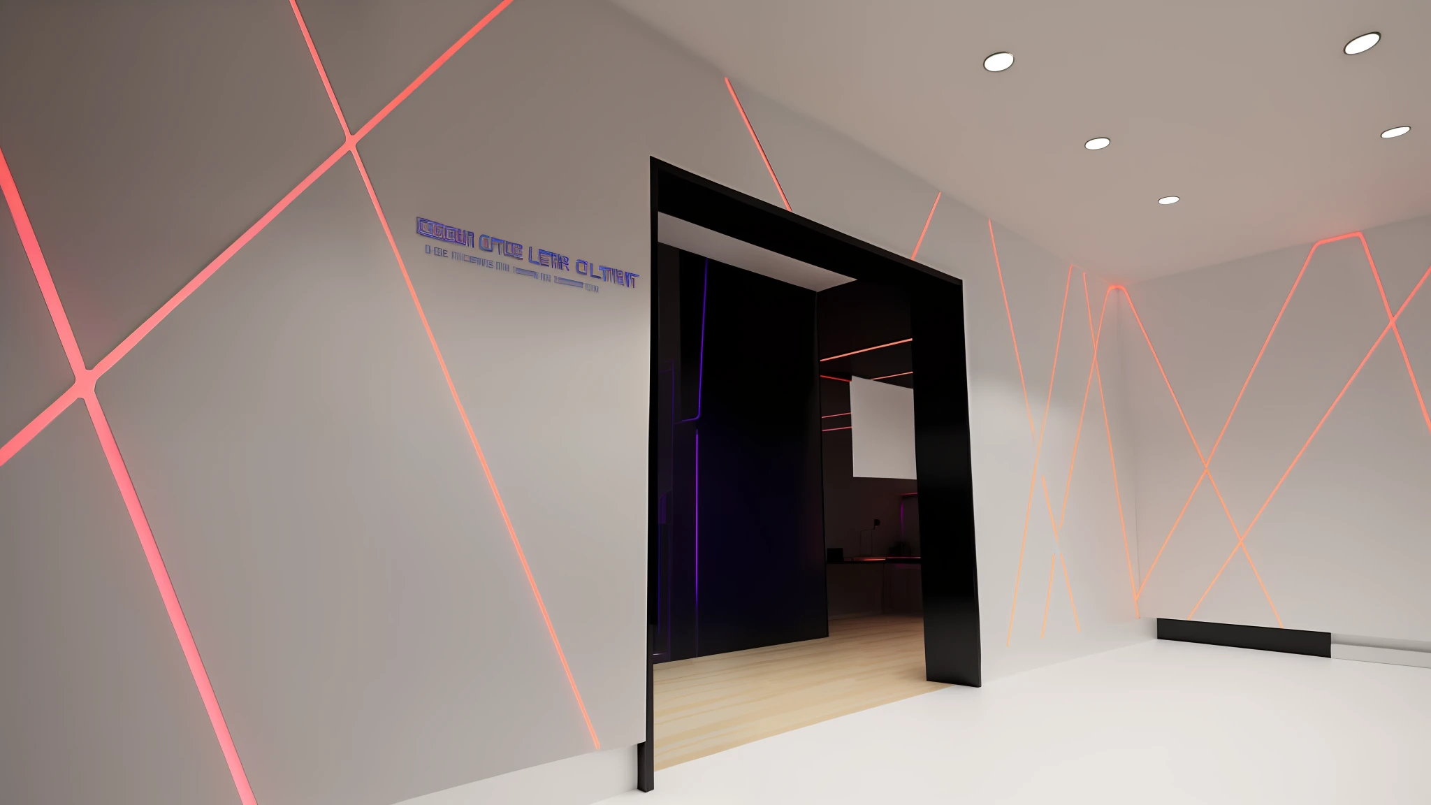 there is a room with a door and a sign on the wall, with neon lighting, ethereal hologram center, cyber led neon lighting, photograph of 3d ios room, lined with neon tube lights, hologram center, glowing interior components, oled lights in corners, light lighting side view, brightly lit - style atmosphere, futuristic fine lasers tracing, in intergalactic hq