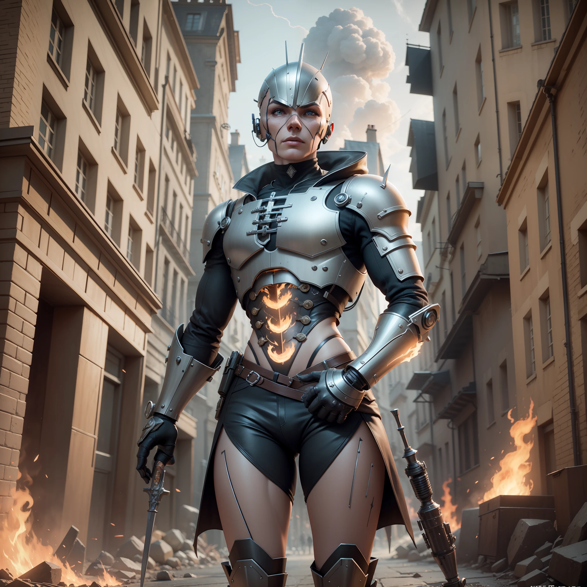 androgenous person with wooden skin in paris on fire with a sword and a mechanical arm,wooden boy,pinocchio,puppet,french revolution,Gothic,steampunk,Lies of P,Detailed,3D,Unreal Engine 5 4K UHD image, Unreal Engine 5, Unreal Engine 5 Tech Demo, menacing. Unreal 5, Unreal Engine 5 Showcase, Unreal Engine 5 Demo, Unreal Engine 5 Detail, Cinematic Unreal Engine 5, Unreal Engine 5