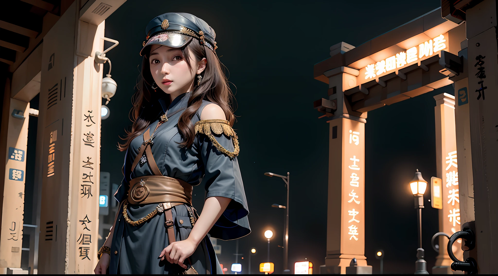 (yangmi), 1girl, standing in the street at night, extremely detailed face, upper body, hanfu,