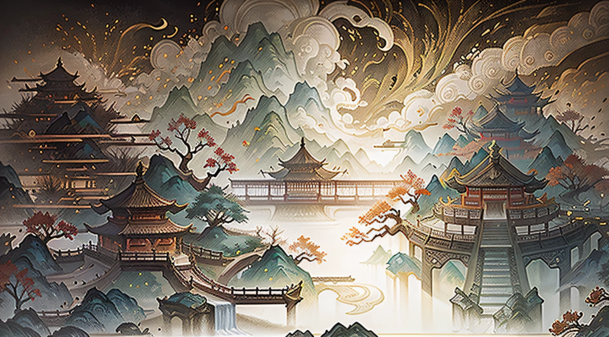 An ancient Chinese painting, ancient Chinese background, mountains, rivers, auspicious clouds, pavilions, sunshine, masterpieces, super detail, epic composition, ultra HD, high quality, extremely detailed, official art, unified 8k wallpaper, Super detail, 32k -- v 6 --auto --s2