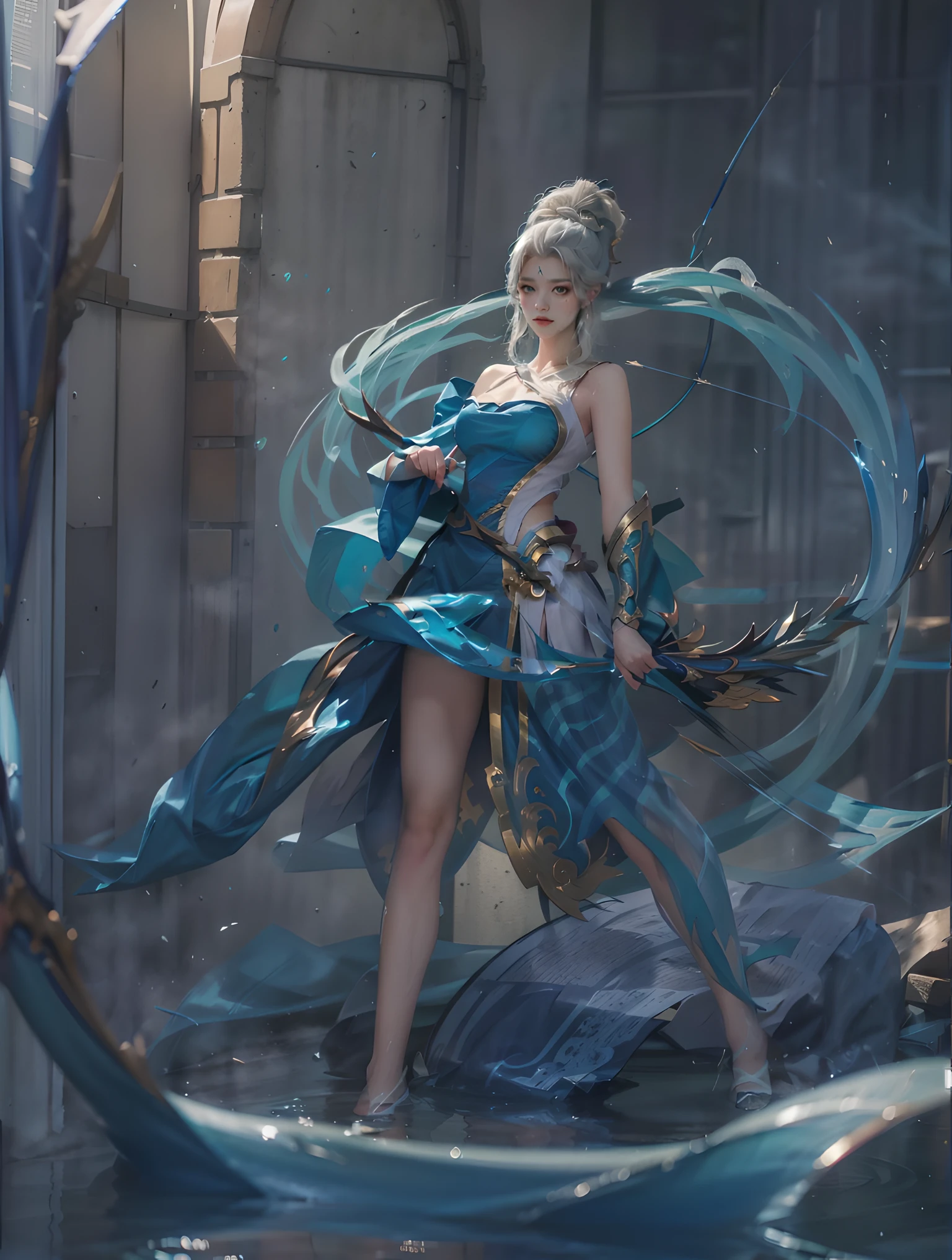 anime girl in blue dress standing in a pool of water, ross tran style, ross tran 8 k, ig model | artgerm, style of artgerm, ross tran and wlop, wlop and ross tran, fantasy art style, wlop and artgerm, by Yang J, ross tran and artgerm