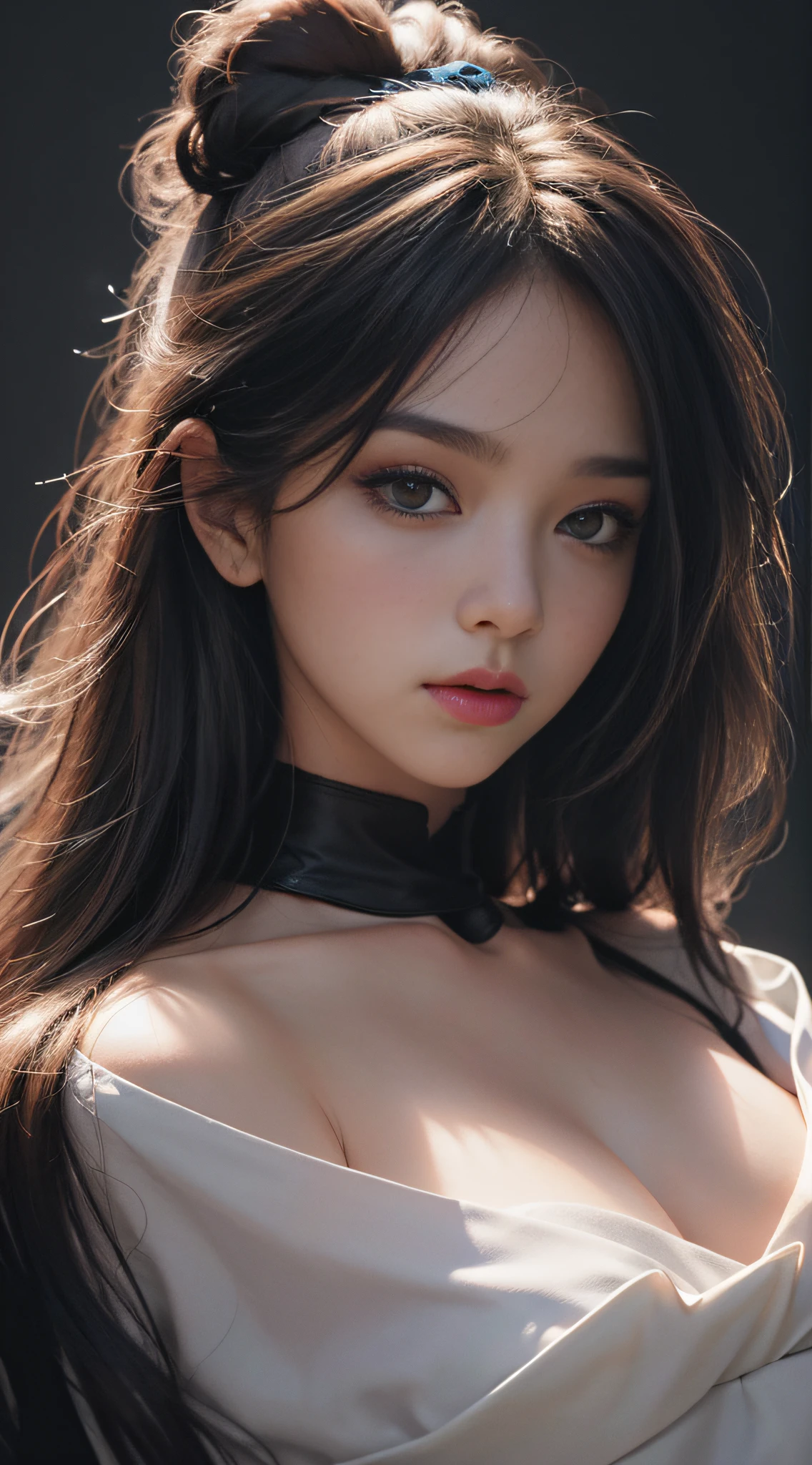 Best Quality, Masterpiece, Ultra High Resolution, Super Model, Shoulder Bust Portrait Photo, (Realism: 1.8), Original Photo, 1girl, Bare Shoulders, In the Dark, Deep Shadow, Understated, Cold Light