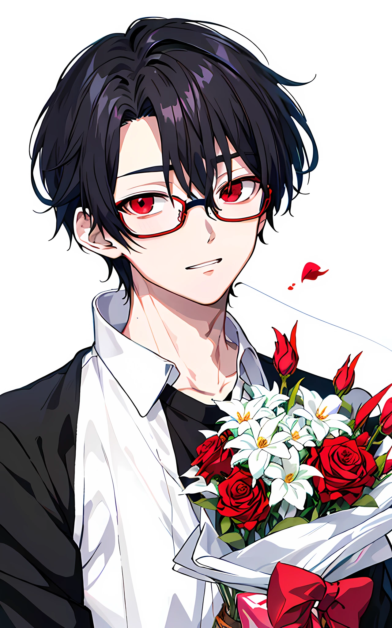 origin ,1 boy, handsome boy, black hair, comma hair, forehead comma hair, korean hair, Red eyes, pink and blue splash, looking at viewer, upper body
,anime boy with black hair and glasses holding a bouquet of roses, kim doyoung, ( ( ( yoshinari yoh ) ) ), gapmoe yandere, yandere, official art, yandere. tall, manhwa, inspired by Bian Shoumin, his eyes are red and glowing, handsome guy in demon slayer art, 1 as february),