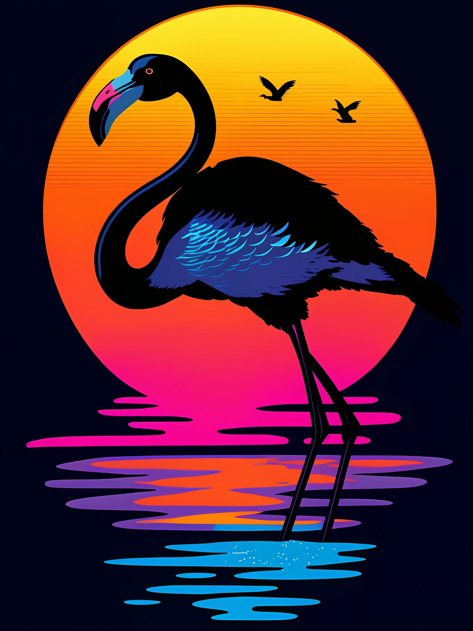 a close up of a flamingo standing in the water at sunset, flamingo, sunset illustration, vaporwave sunset, vibrant high contrast coloring, high contrast illustration, colorfull illustration, hq print, amoled wallpaper, high contrast illustrations, outrun art style, highly detailed illustration, in the sunset, in style of digital illustration, highly detailed vector art