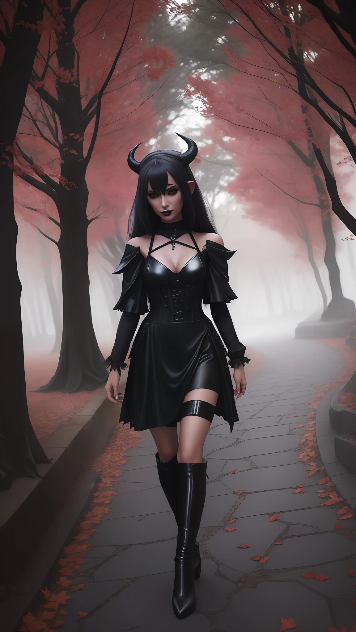 there is a woman in a black dress walking down a path, succubus in tight short dress, succubus | medieval, dark fae, tiefling, lovely dark autumn princess, dark witch character, fashionable dark witch, gothic maiden of the dark, succubus in sundress portrait, dark fantasy style, alluring tiefling druid, dark elf princess