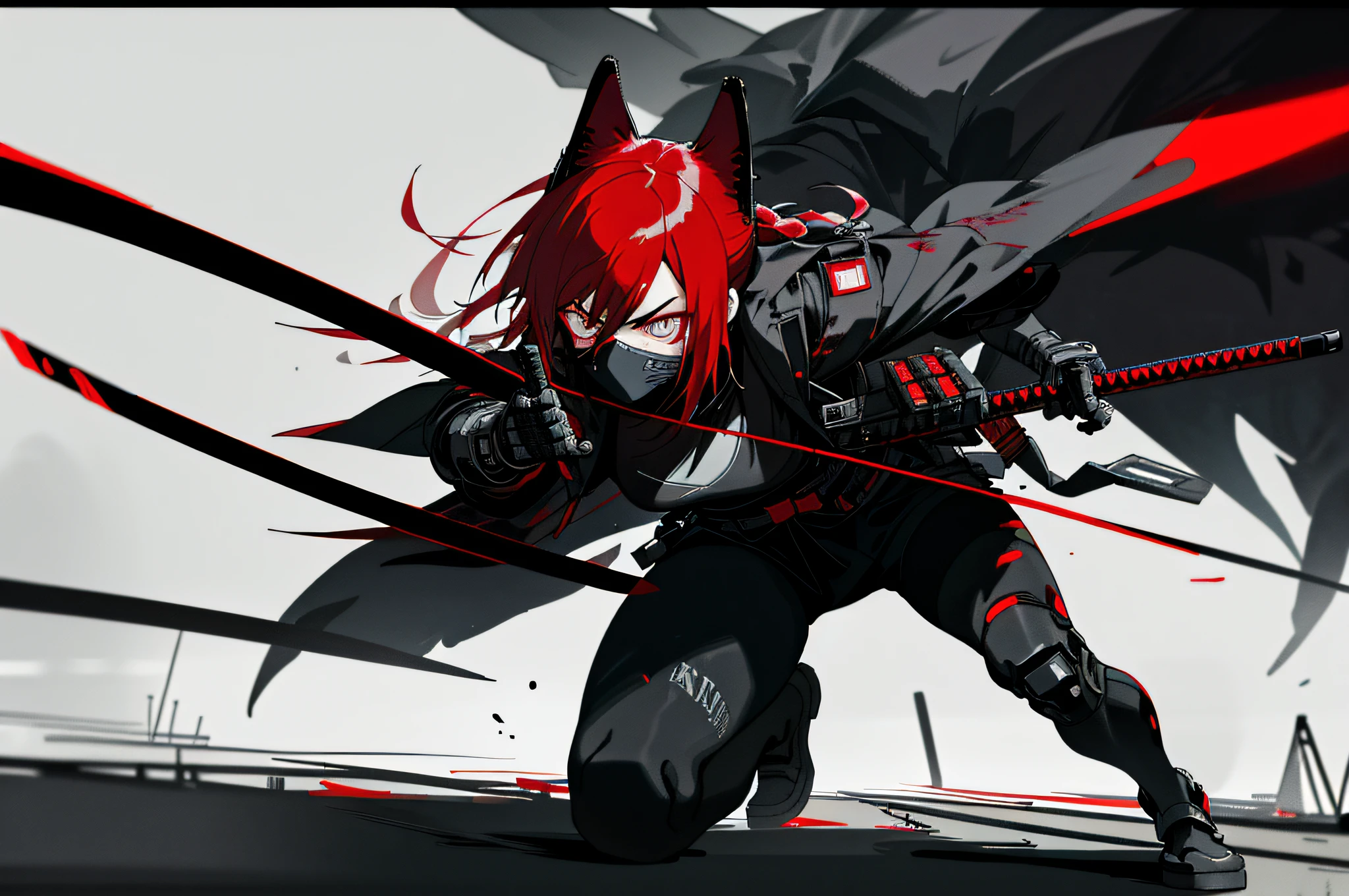 ((Masterpiece, super detailed, intricate details, best quality)), cyberpunk night city, modern dark cyberpunk cars, night street, night light, night light, cyberpunk japanese ninja girl wearing cyberpunk dark tech gear, white katana behind boy, cyberpunk eyes, neon lights, walking on dark streets, after completing tasks, blood stains on clothes, blood stains on katanas, no smile, cold face, cyberpunk ninja mask, strong dark colors, cold contrast, contrasting shadows, night stalker, Dead inside, black red squad, 1girls, black pantyhose, white pantyhose, cyberpunk armor for boys, money, scary masks, animal ears, white hair, red hair, black hair, medium chest, small chest, knife, cyberpunk gun, explicit girl outfit, scary background, post-apocalyptic cyberpunk, besieged by enemies, fighting