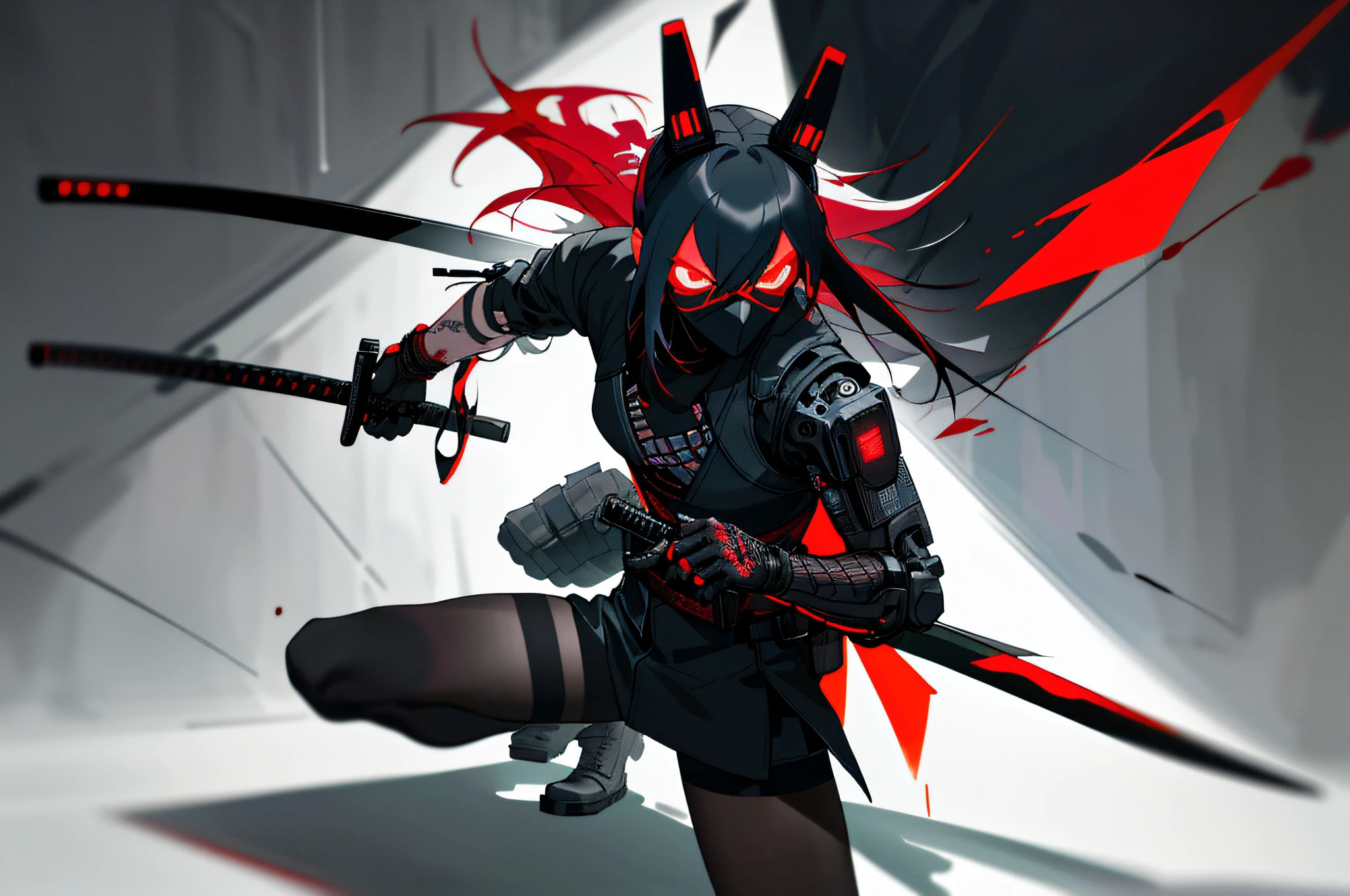((Masterpiece, super detailed, intricate details, best quality)), cyberpunk night city, modern dark cyberpunk cars, night street, night light, night light, cyberpunk japanese ninja girl wearing cyberpunk dark tech gear, white katana behind boy, cyberpunk eyes, neon lights, walking on dark streets, after completing tasks, blood stains on clothes, blood stains on katanas, no smile, cold face, cyberpunk ninja mask, strong dark colors, cold contrast, contrasting shadows, night stalker, Dead inside, black red squad, 1girls, black pantyhose, white pantyhose, cyberpunk armor for boys, money, scary masks, animal ears, white hair, red hair, black hair, medium chest, small chest, knife, cyberpunk gun, explicit girl outfit, scary background, post-apocalyptic cyberpunk, besieged by enemies, fighting