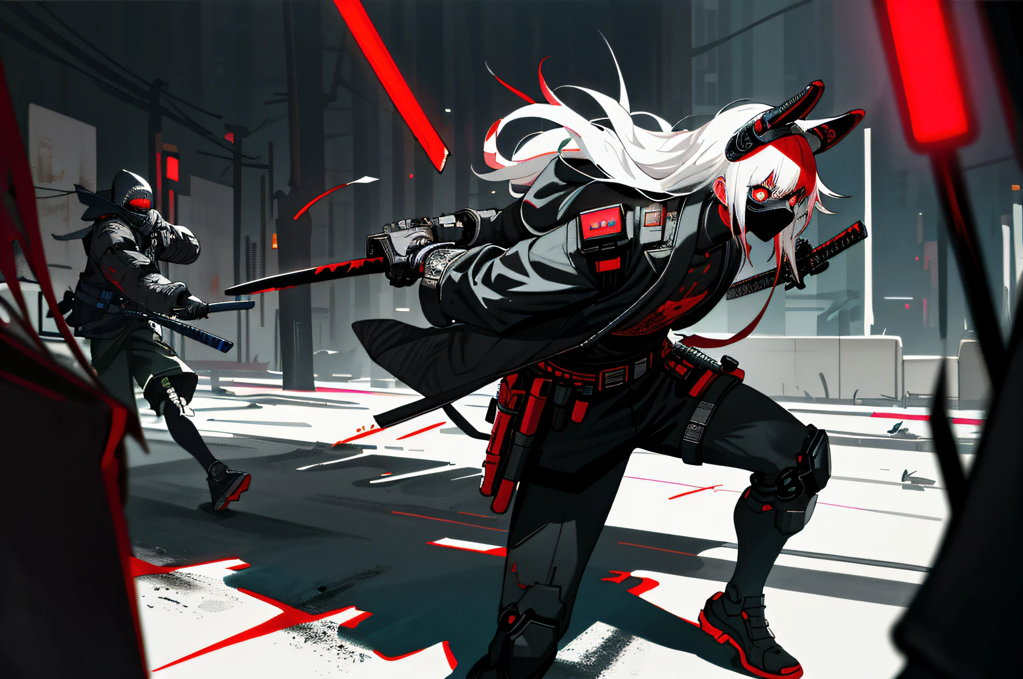 ((Masterpiece, super detailed, intricate details, best quality)), cyberpunk night city, modern dark cyberpunk cars, night street, night light, night light, cyberpunk japanese ninja girl wearing cyberpunk dark tech gear, white katana behind boy, cyberpunk eyes, neon lights, walking on dark streets, after completing tasks, blood stains on clothes, blood stains on katanas, no smile, cold face, cyberpunk ninja mask, strong dark colors, cold contrast, contrasting shadows, night stalker, Dead inside, black red squad, 1girls, black pantyhose, white pantyhose, cyberpunk armor for boys, money, scary masks, animal ears, white hair, red hair, black hair, medium chest, small chest, knife, cyberpunk gun, explicit girl outfit, scary background, post-apocalyptic cyberpunk, besieged by enemies, fighting