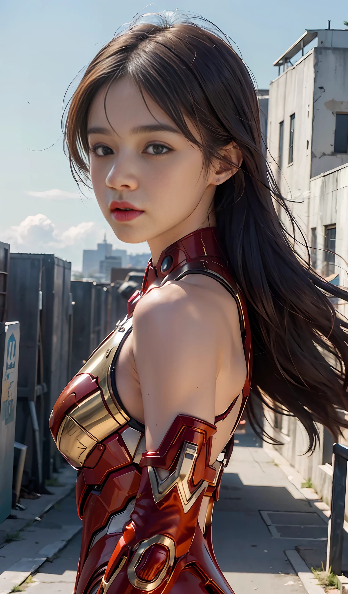 (1girl:1.3), solo, __body-parts__, official art, unified 8k wallpaper, super detailed, beautiful and aesthetic, beautiful, masterpiece, best quality, raw, masterpiece, super fine photo, best quality, super high resolution, photorealistic realism, sunlight, full body portrait, amazing beauty, dynamic pose, facing the viewer, delicate face, vibrant eyes, (viewed from the side), a woman, (wearing a futuristic red-gold iron man mech), Very detailed abandoned warehouse background, detailed face, gorgeous, milky white, sharp focus, DSLR, high quality, film grain, fair skin, photo realism, lomography, huge metropolis in future dystopia,