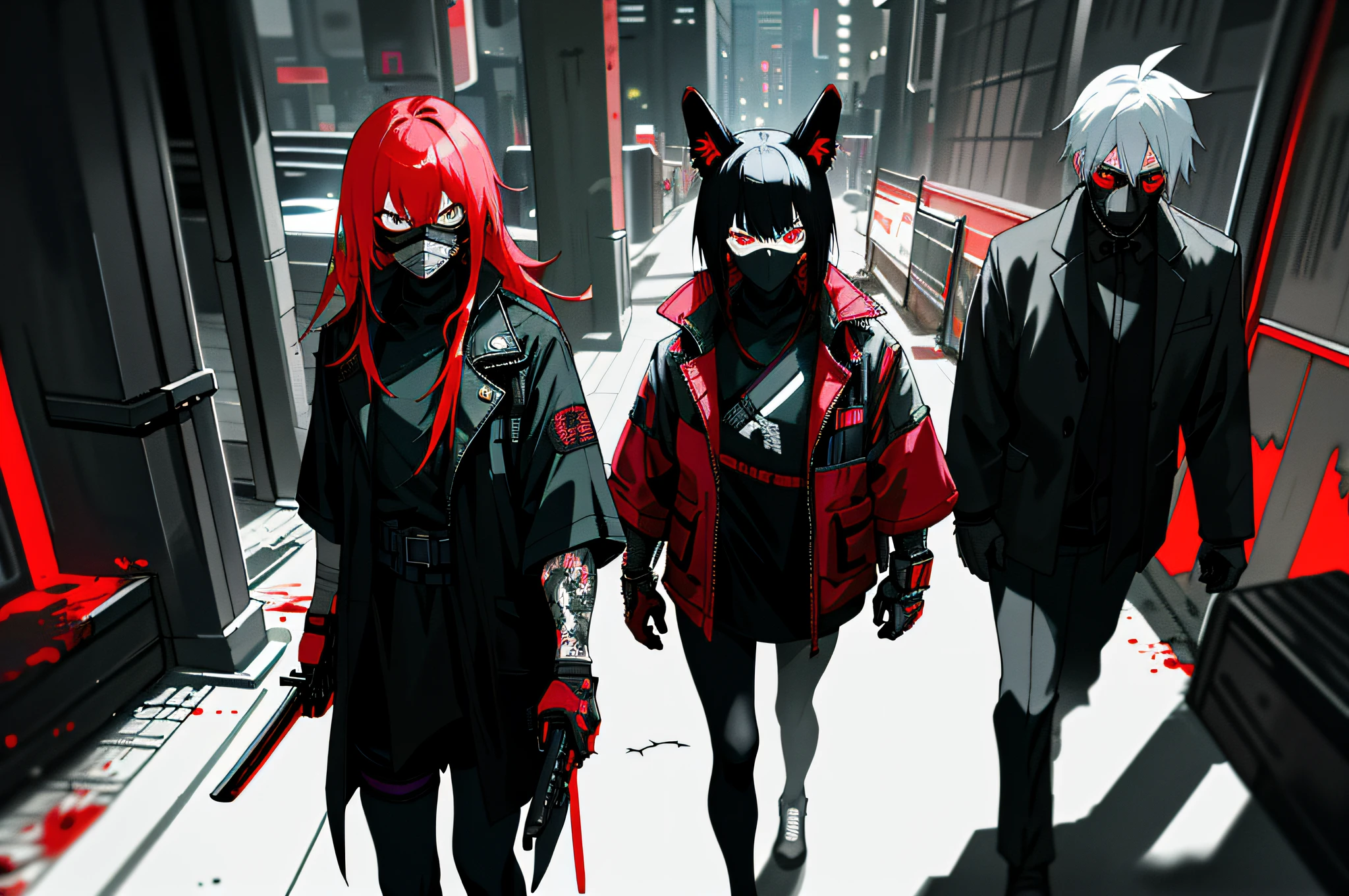 ((Masterpiece, super detailed, intricate details, best quality)), cyberpunk night city, modern dark cyberpunk cars, night street, night light, night light, cyberpunk japanese ninja girl wearing cyberpunk dark tech gear, white katana behind boy, cyberpunk eyes, neon lights, walking on dark streets, after completing tasks, blood stains on clothes, blood stains on katanas, no smile, cold face, cyberpunk ninja mask, strong dark colors, cold contrast, contrasting shadows, night stalker, Dead inside, black red squad, 1girls, black pantyhose, white pantyhose, cyberpunk armor for boys, money, scary masks, animal ears, white hair, red hair, black hair, medium chest, small chest, knife, cyberpunk gun, explicit girl outfit, scary background, post-apocalyptic cyberpunk, besieged by enemies, fighting