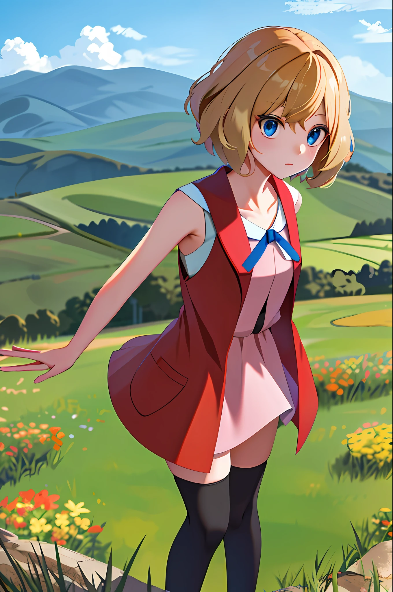 masterpiece, best quality, highres, serena \(pokemon\), short hair, blue eyes, 1girl, solo, blue ribbon, eyelashes, black thighhighs, neck ribbon, sleeveless, bangs, collarbone, bare arms, pink dress, red coat, outdoors, from above, field, grass,