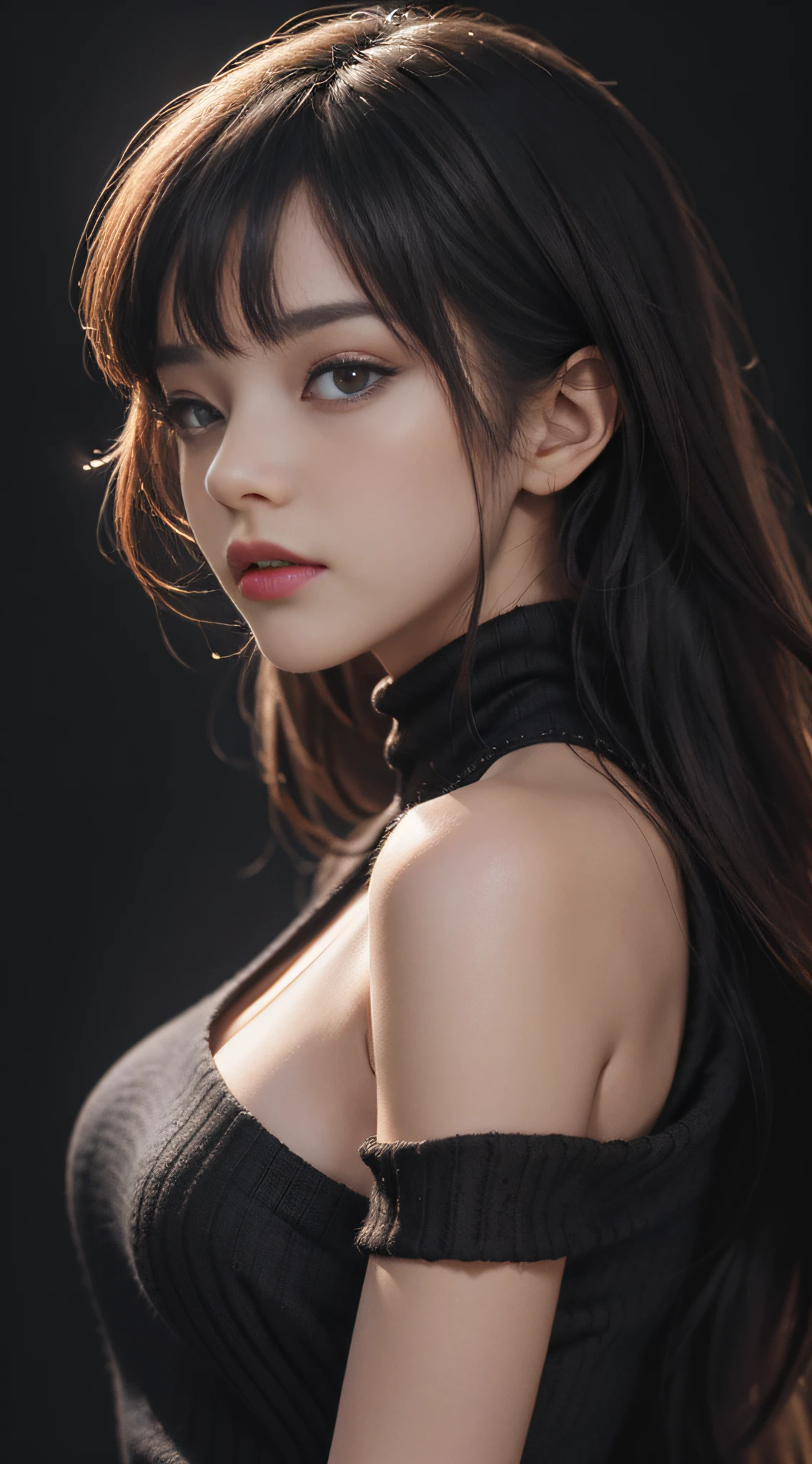 Best Quality, Masterpiece, Ultra High Resolution, Supermodel, Shoulder Bust Portrait Photo, Black Sweater (Realism: 1.8), Original Photo, 1girl, Bare Shoulders, In the Dark, Deep Shadow, Understated, Cold Light