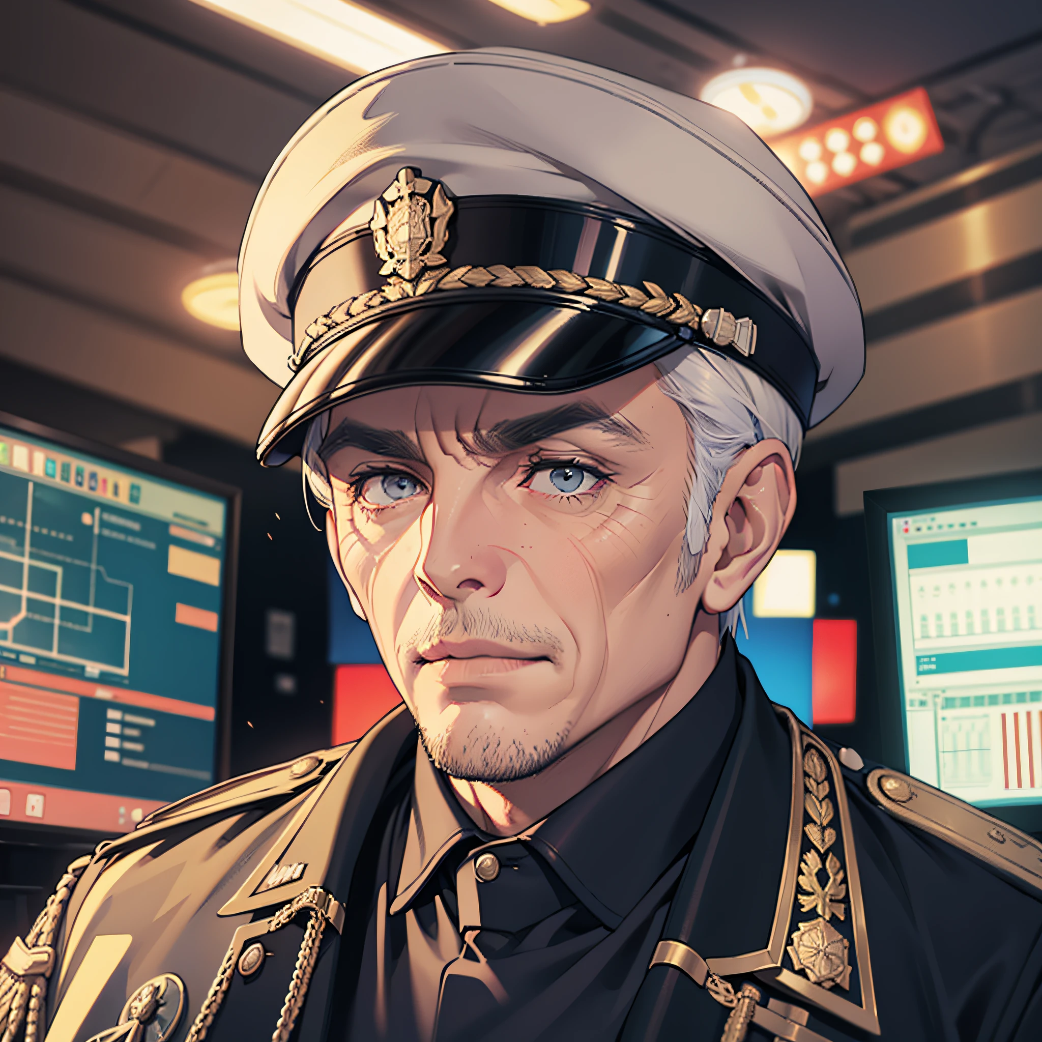 Older man, wrinkled, fine eyes, bachelor uniform, looking at the audience, with hat, control room background