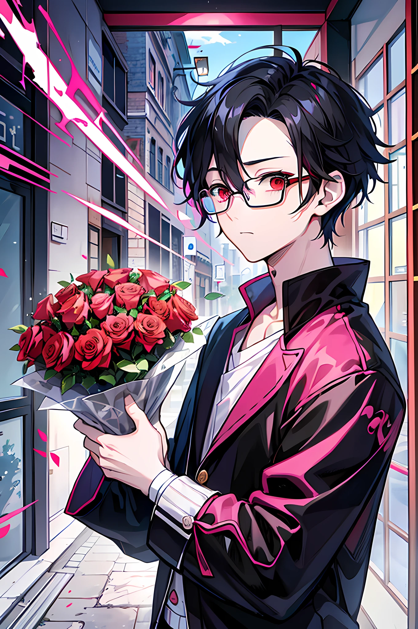 origin ,1 boy, handsome boy, black hair, comma hair, forehead comma hair, korean hair, Red eyes, pink and blue splash, looking at viewer, upper body ,anime boy with black hair and glasses holding a bouquet of roses, kim doyoung, ( ( ( yoshinari yoh ) ) ), gapmoe yandere, yandere, official art, yandere. tall, manhwa, inspired by Bian Shoumin, his eyes are red and glowing, handsome guy in demon slayer art, 1 as february),