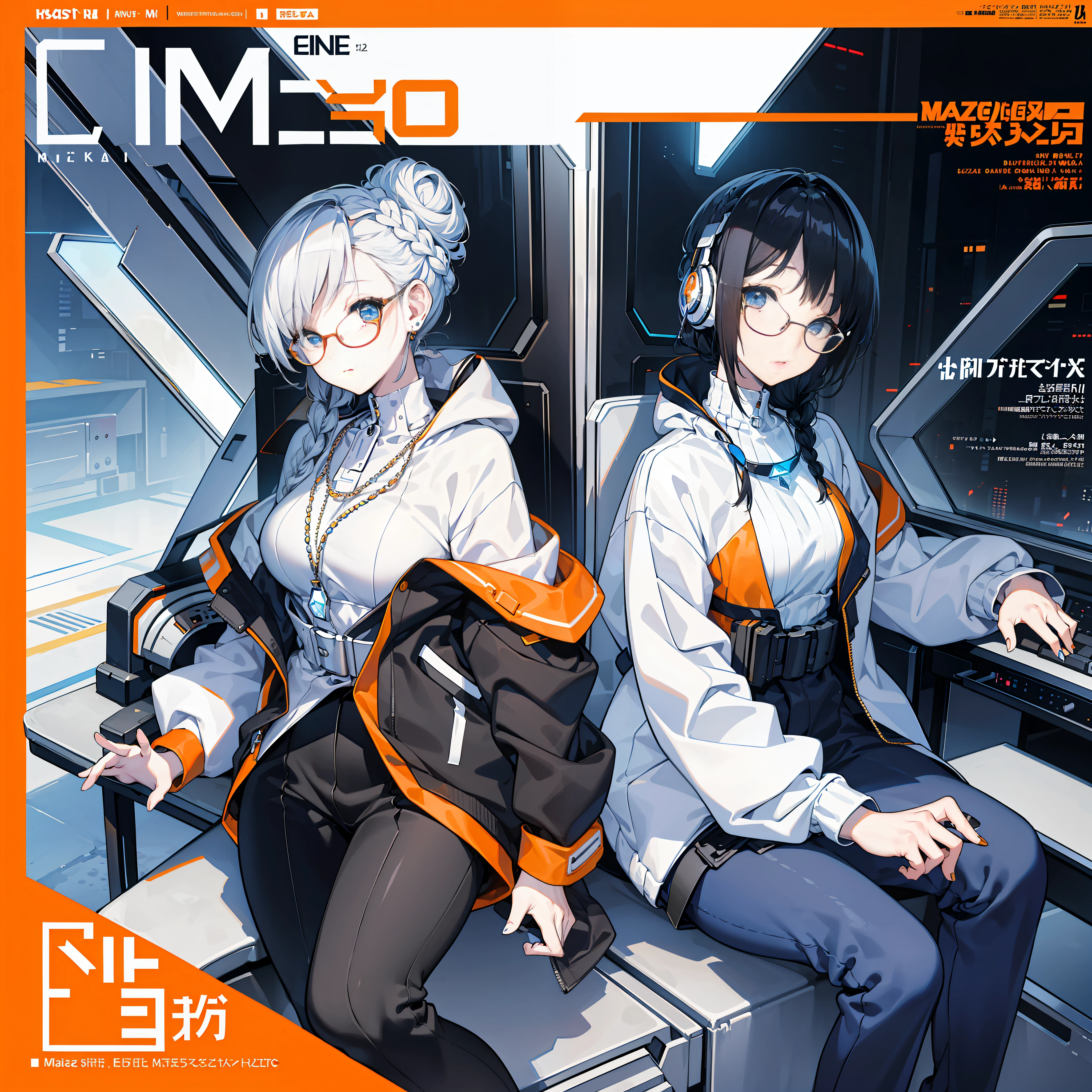 (magazine cover:1.3),ulzzang-6500, (realistic: 1.3) (original: 1.2), masterpiece, best quality, beautiful clean face, fullbody, 1woman, (wearing black and white and cobalt scifi techmask and headphones with complex electronics), wearing black techwear jacket and orange trousers with buckle and tape, (crystal necklace), posing for a picture, (white braided bun hair), glasses
