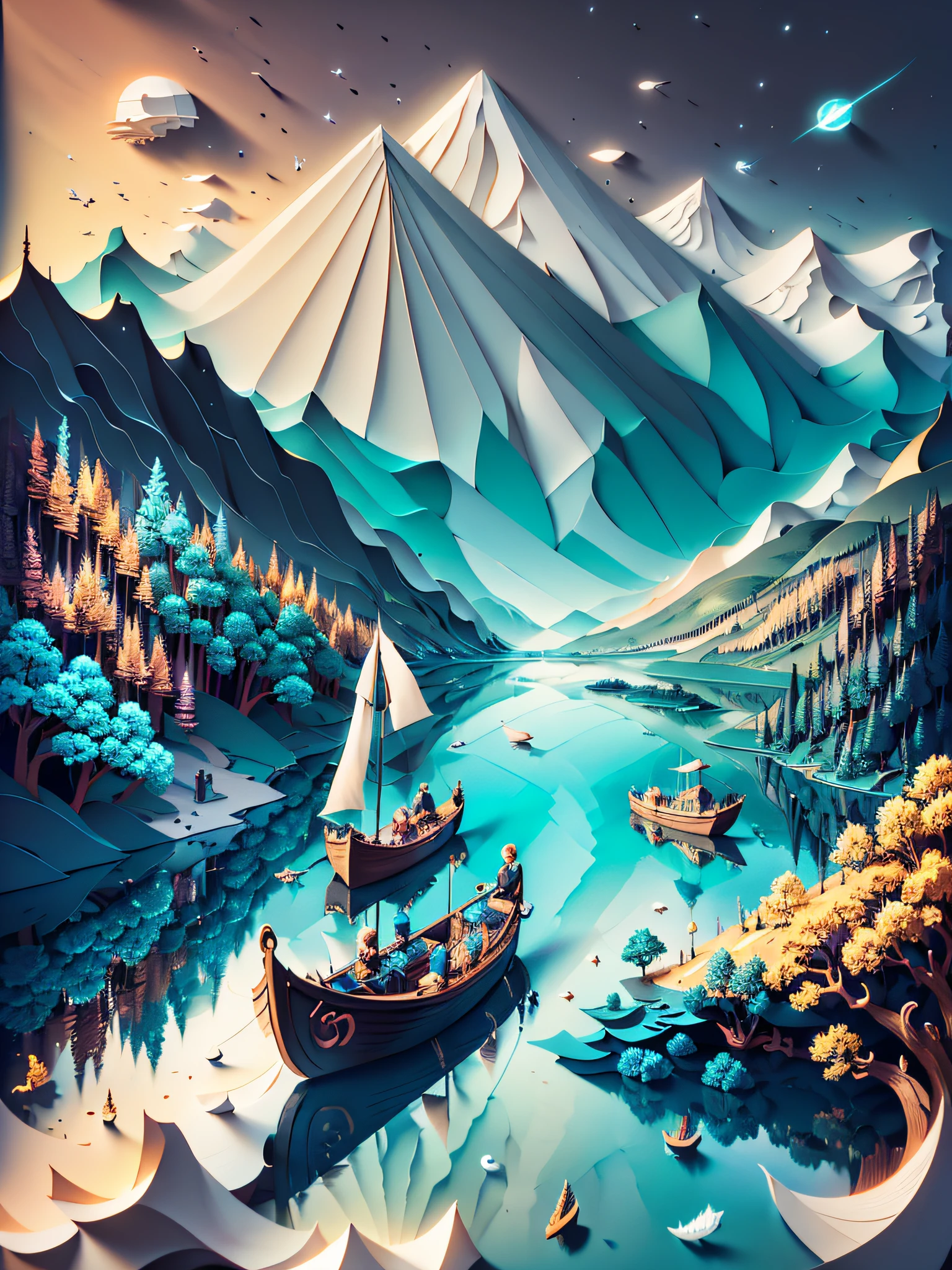 There are rivers, people rowing, mountain scene paper cuts, detailed paintings inspired by Utagawa Hiroshige II, polygon trends, digital art, layered paper art, paper art, original and creative landscapes, paper modeling art, complex 3D illustrations, landscape art detail, great digital art with details, ((((masterpiece)), best quality, illustration, water, wind, space, paper_cut,