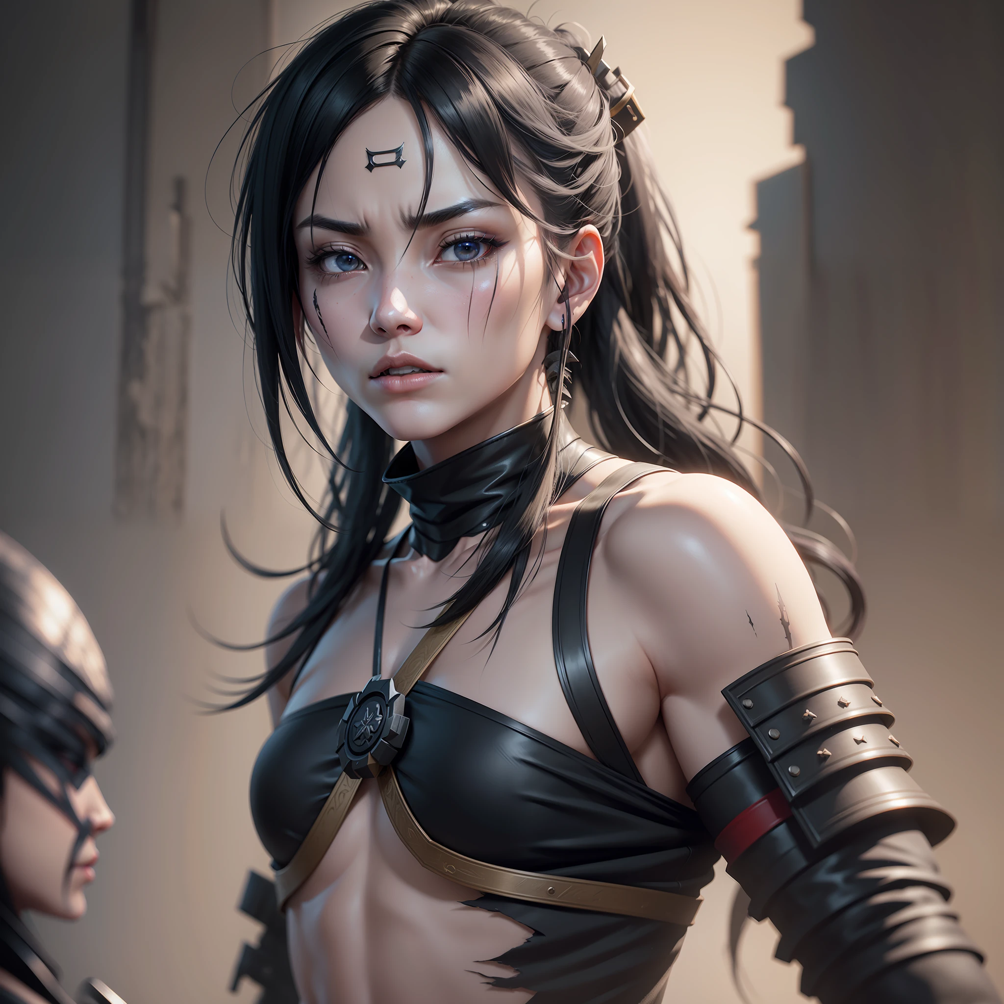 Samurai,tied and shredded hair,black hair,pale skin,left arm bone,torn clothing,scar on face,Detailed,3D,Unreal Engine 5 4K UHD image, Unreal Engine 5, Unreal Engine 5 Tech Demo, menacing. Unreal 5, Unreal Engine 5 Showcase, Unreal Engine 5 Demo, Unreal Engine 5 Detail, Cinematic Unreal Engine 5, Unreal Engine 5