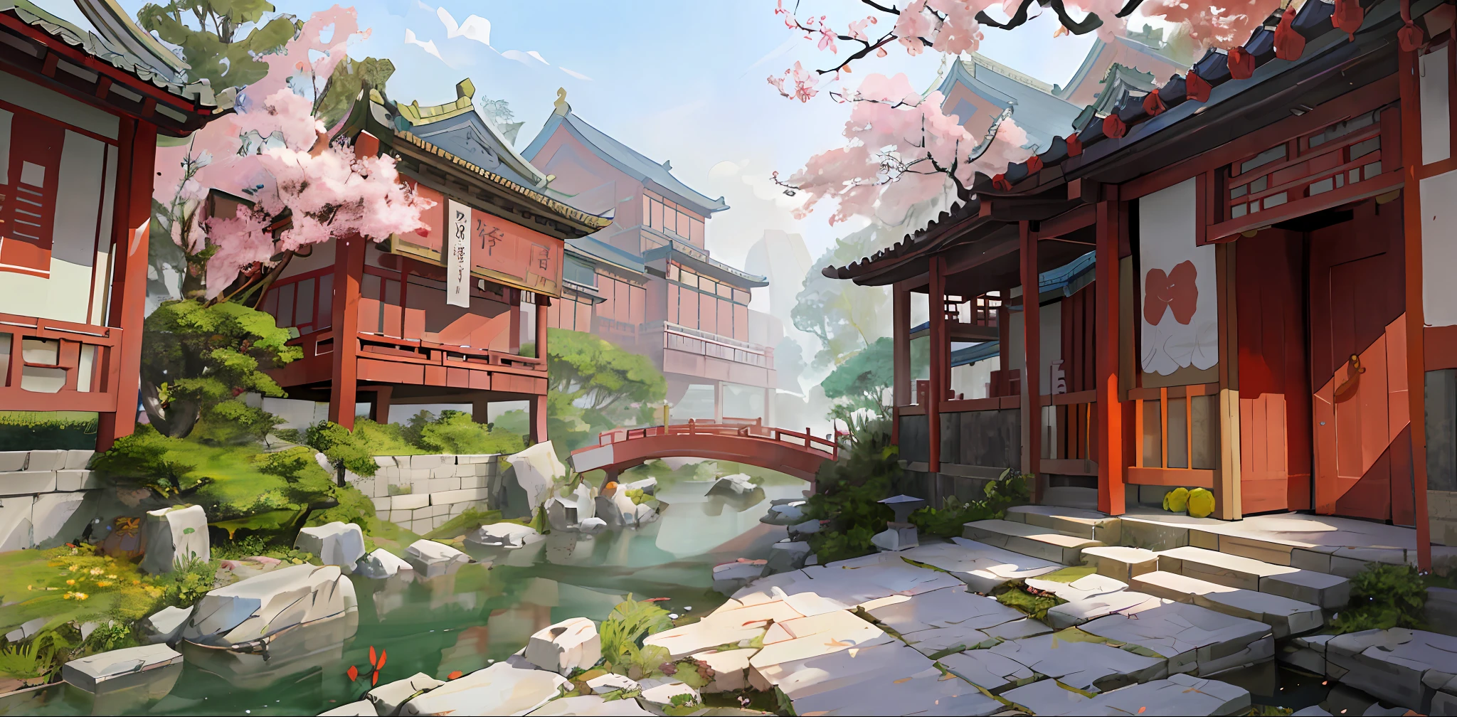 there is a painting of a japanese garden with a bridge, dreamy chinese town, g liulian art style, ross tran. scenic background, inspired by Fenghua Zhong, beautiful render of tang dynasty, environment design illustration, environment painting, japanese town, traditional japanese concept art, onmyoji detailed art, bian lian, inspired by Dong Yuan
