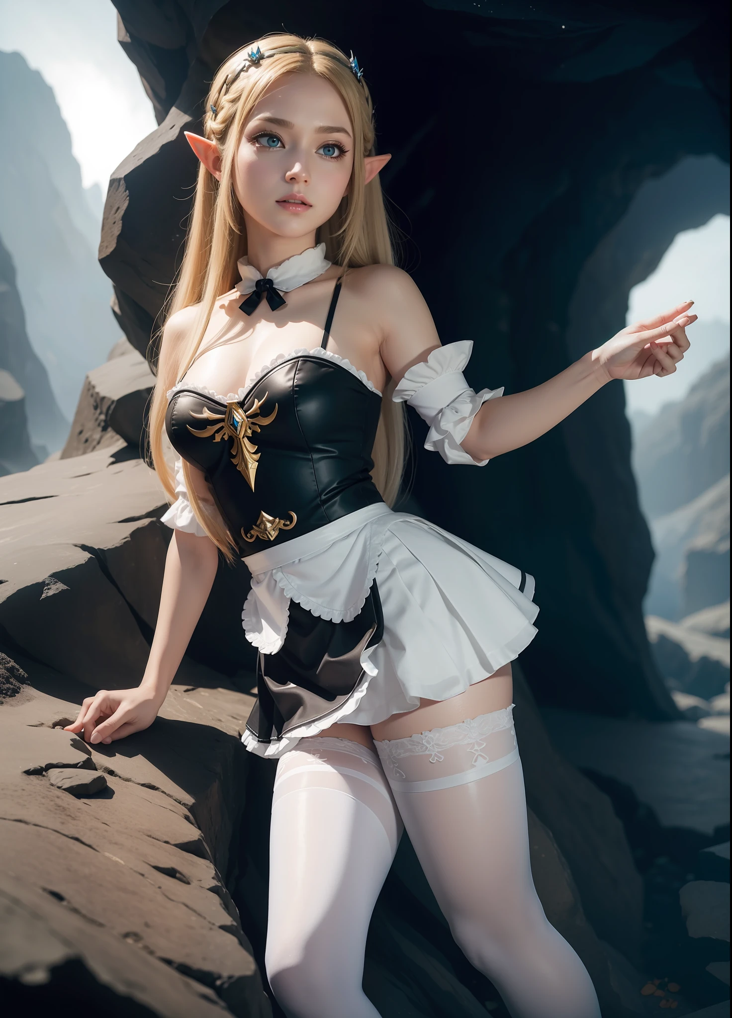 Full body, Princess Zelda in black maid's outfit with white skirt and white pantyhose with clip on skirt, she is inside a cave with fog, 16k, highres, best quality, award-winning, high details, anatomically correct, masterpiece, UHD, ccurate, retina