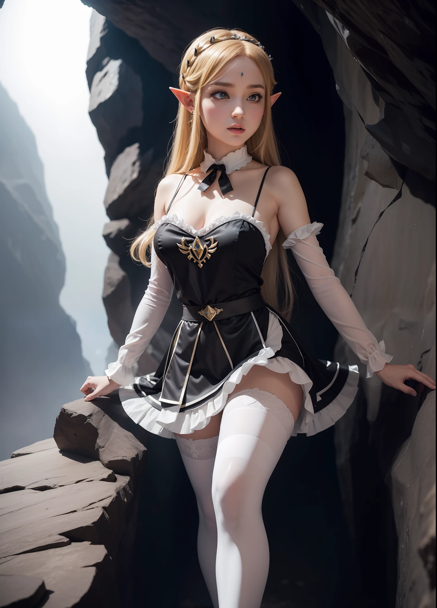 Full body, Princess Zelda in black maid's outfit with white skirt and white pantyhose with clip on skirt, she is inside a cave with fog, 16k, highres, best quality, award-winning, high details, anatomically correct, masterpiece, UHD, ccurate, retina