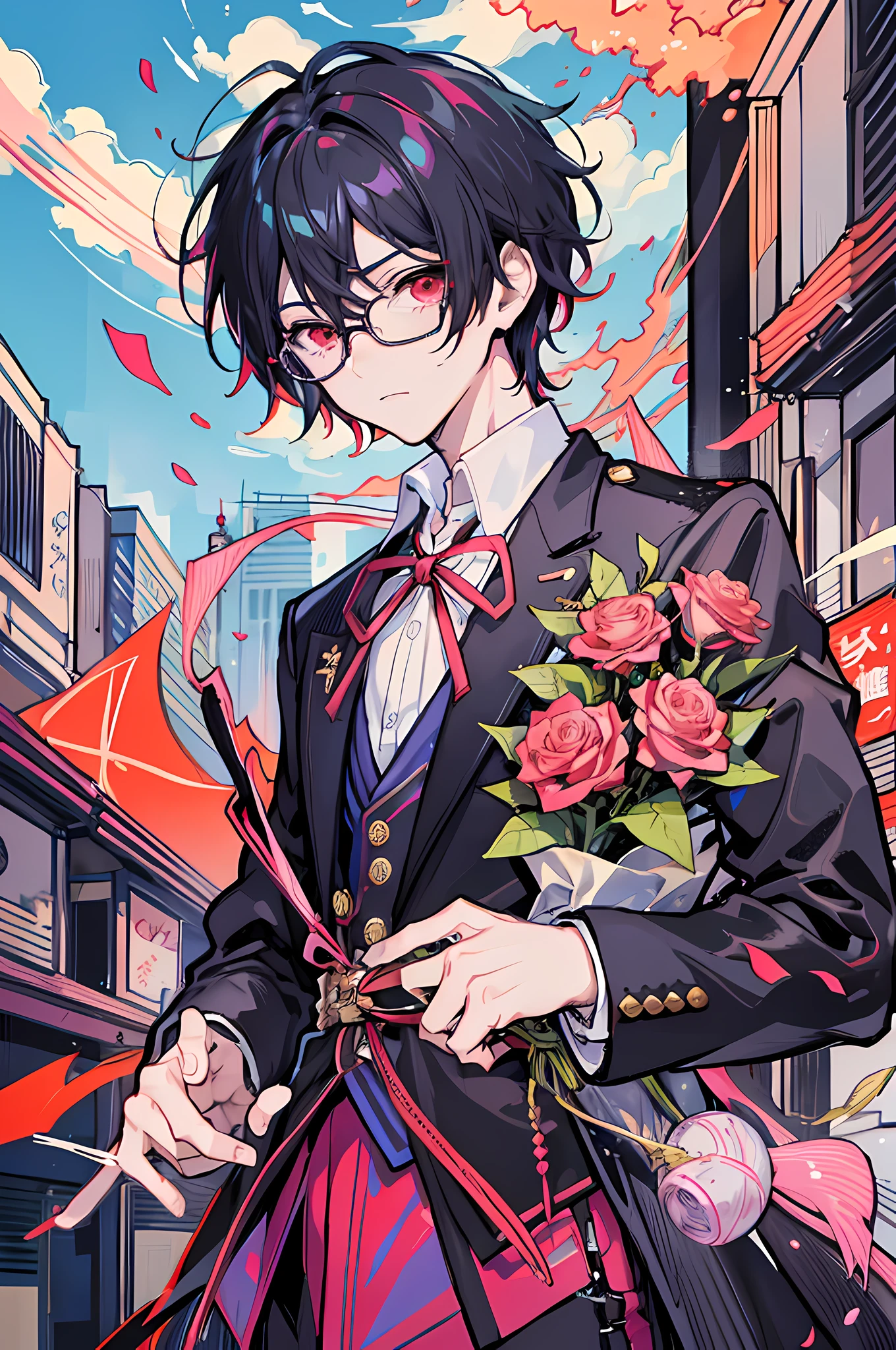 origin ,1 boy, handsome boy, black hair, comma hair, forehead comma hair, korean hair, Red eyes, pink and blue splash, looking at viewer, upper body ,anime boy with black hair and glasses holding a bouquet of roses, kim doyoung, ( ( ( yoshinari yoh ) ) ), gapmoe yandere, yandere, official art, yandere. tall, manhwa, inspired by Bian Shoumin, his eyes are red and glowing, handsome guy in demon slayer art, 1 as february),