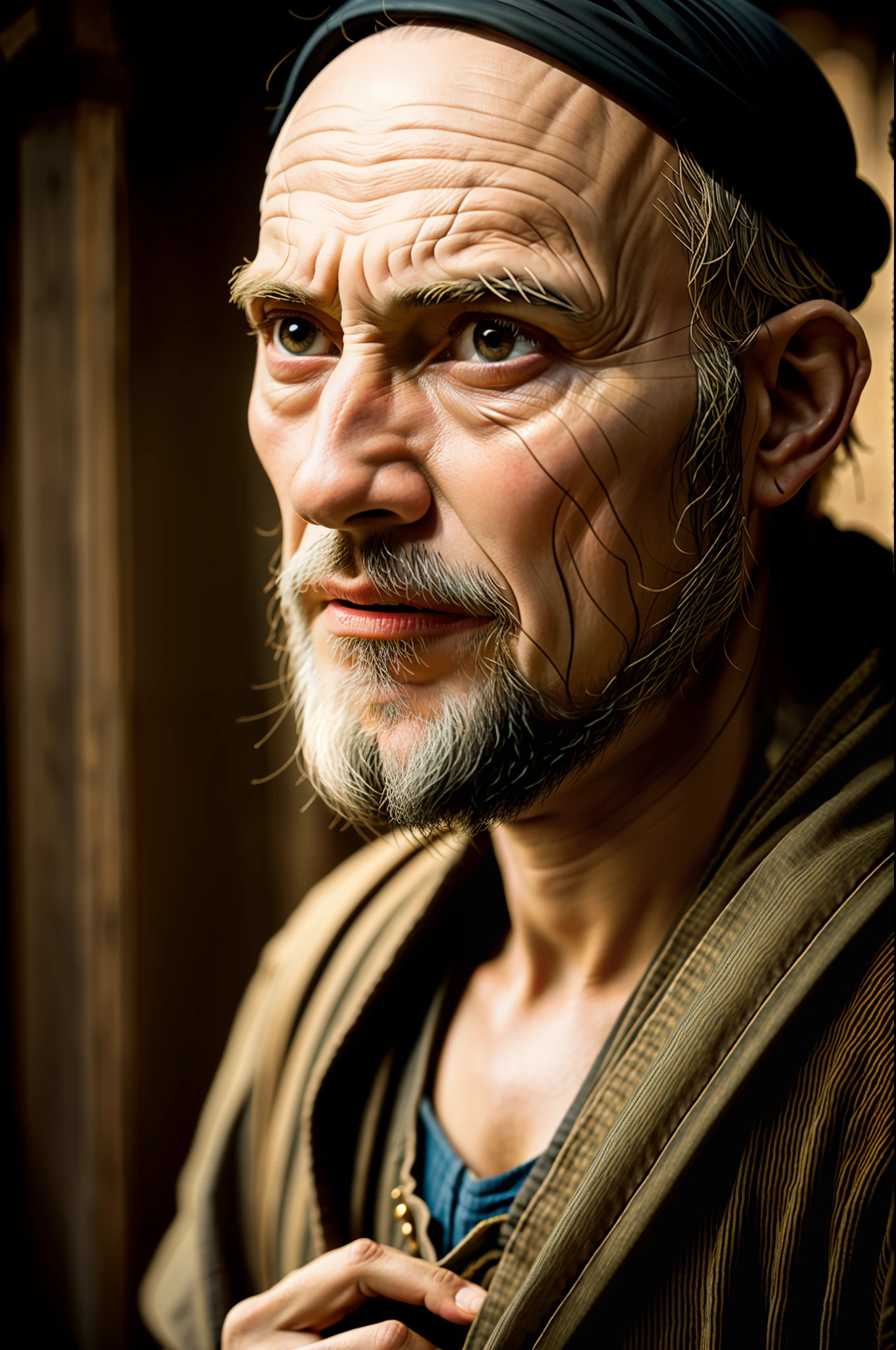 medieval 40 years old peasant portrait, realistic, photorealistic, detailed, RAW photo, film grain, (front lighting :1.2),
