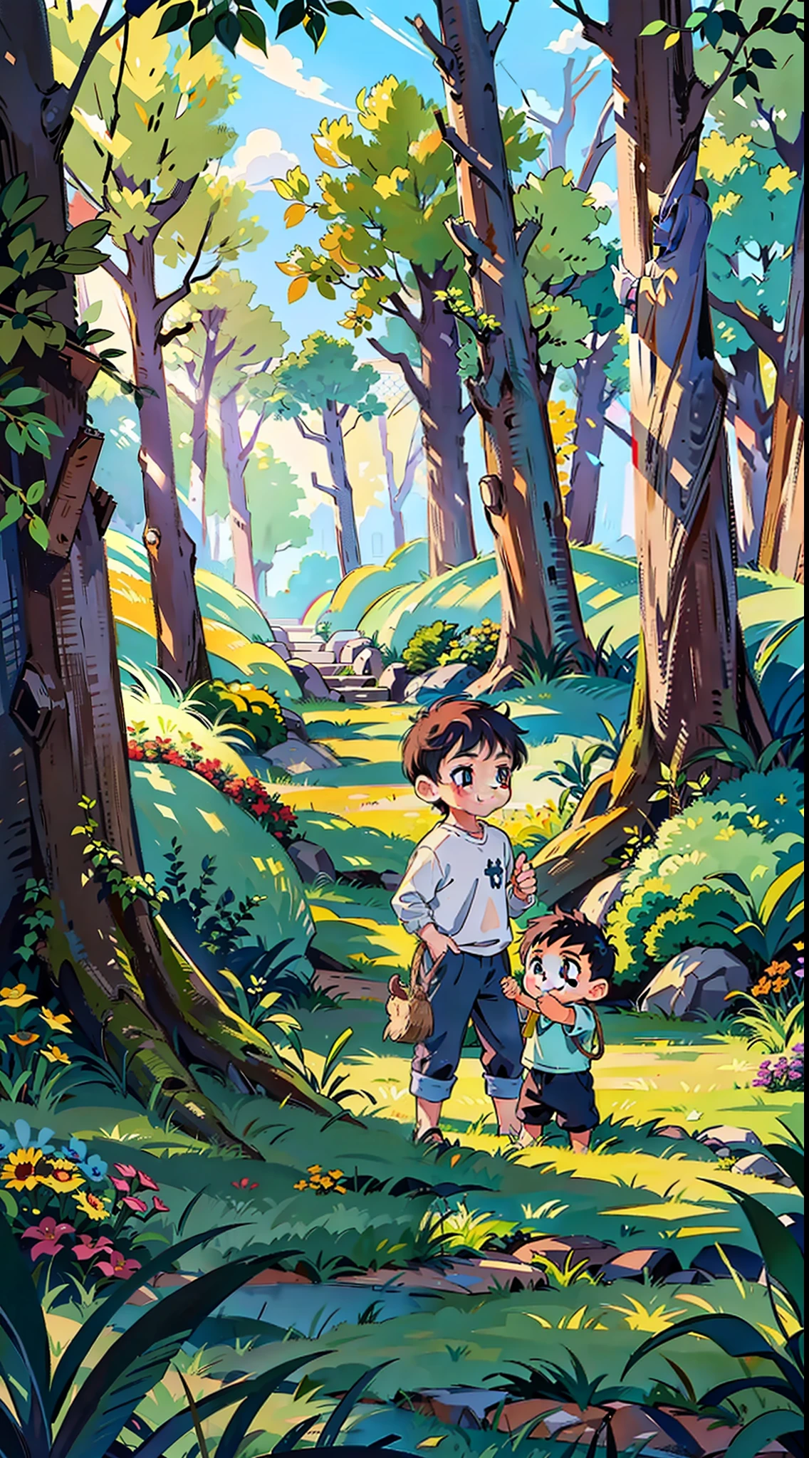 On the grass, the little boy was in the center, with a smile on his face, holding a small bale of grass, stretching out his hands to the cow, which was on the side of the little boy, also a little bowed to graze, and sometimes swayed from side to side.