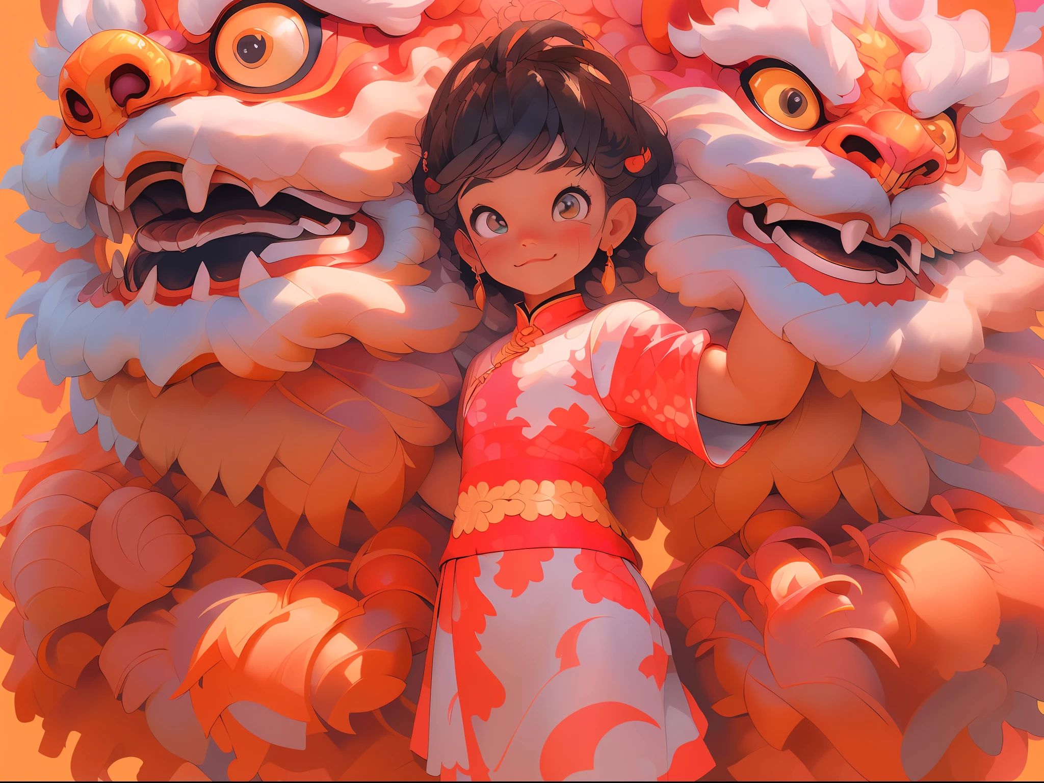 (Masterpiece, Best Quality, Very Detailed, 8K, Wallpaper, Ultra Detail), (RAW Photo: 1.2), Delicate, Detailed, Playful, A Boy Holds Lion Head with Both Hands, Dancing, Excited, Red Lantern, Chinese Year, Covered Face, Perfect Body Proportions, Solo, Indoor, Chinese Clothes, Chinese Style, Red, Lion Dance