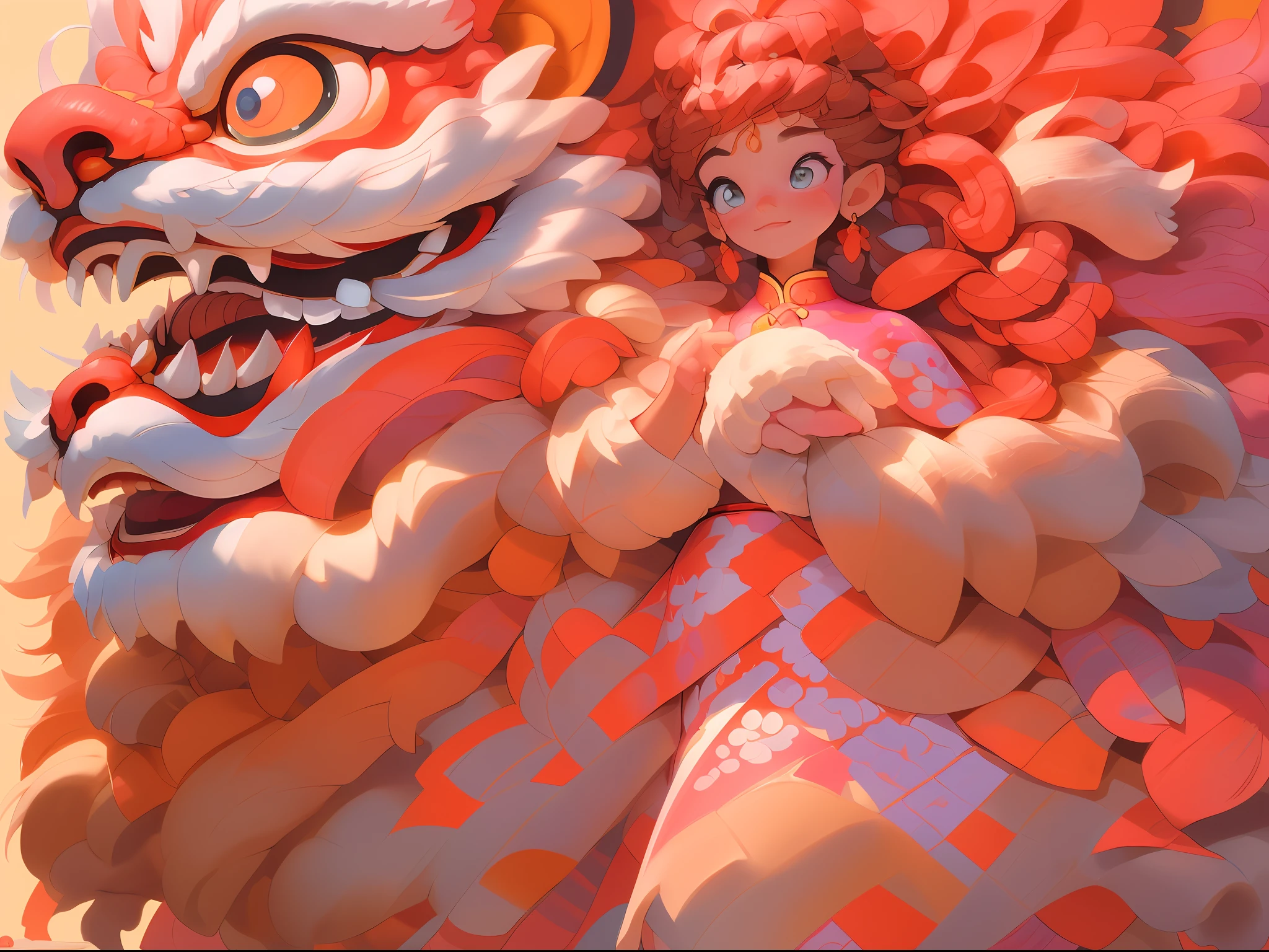 (Masterpiece, Best Quality, Very Detailed, 8K, Wallpaper, Ultra Detail), (RAW Photo: 1.2), Delicate, Detailed, Playful, A Boy Holds Lion Head with Both Hands, Dancing, Excited, Red Lantern, Chinese Year, Covered Face, Perfect Body Proportions, Solo, Indoor, Chinese Clothes, Chinese Style, Red, Lion Dance